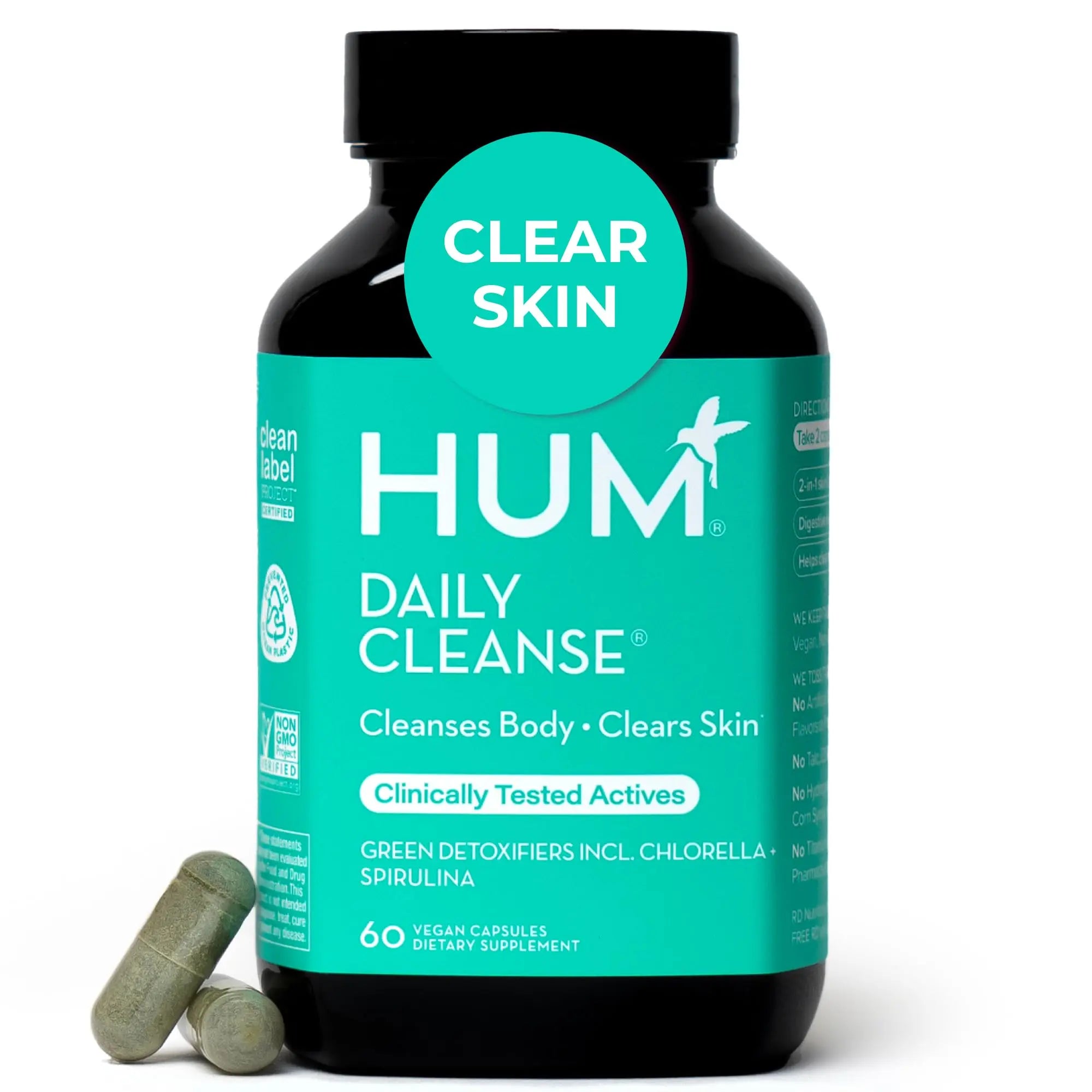 HUM Daily Cleanse Acne Supplements for Women & Men, Gentle Digestive Cleanse for Clear Skin Support, Zinc, Spirulina, Chlorella, Detoxifying Herbs, Organic Algae, Skin Vitamins Supplement, 60 Capsules HUM Au supplements