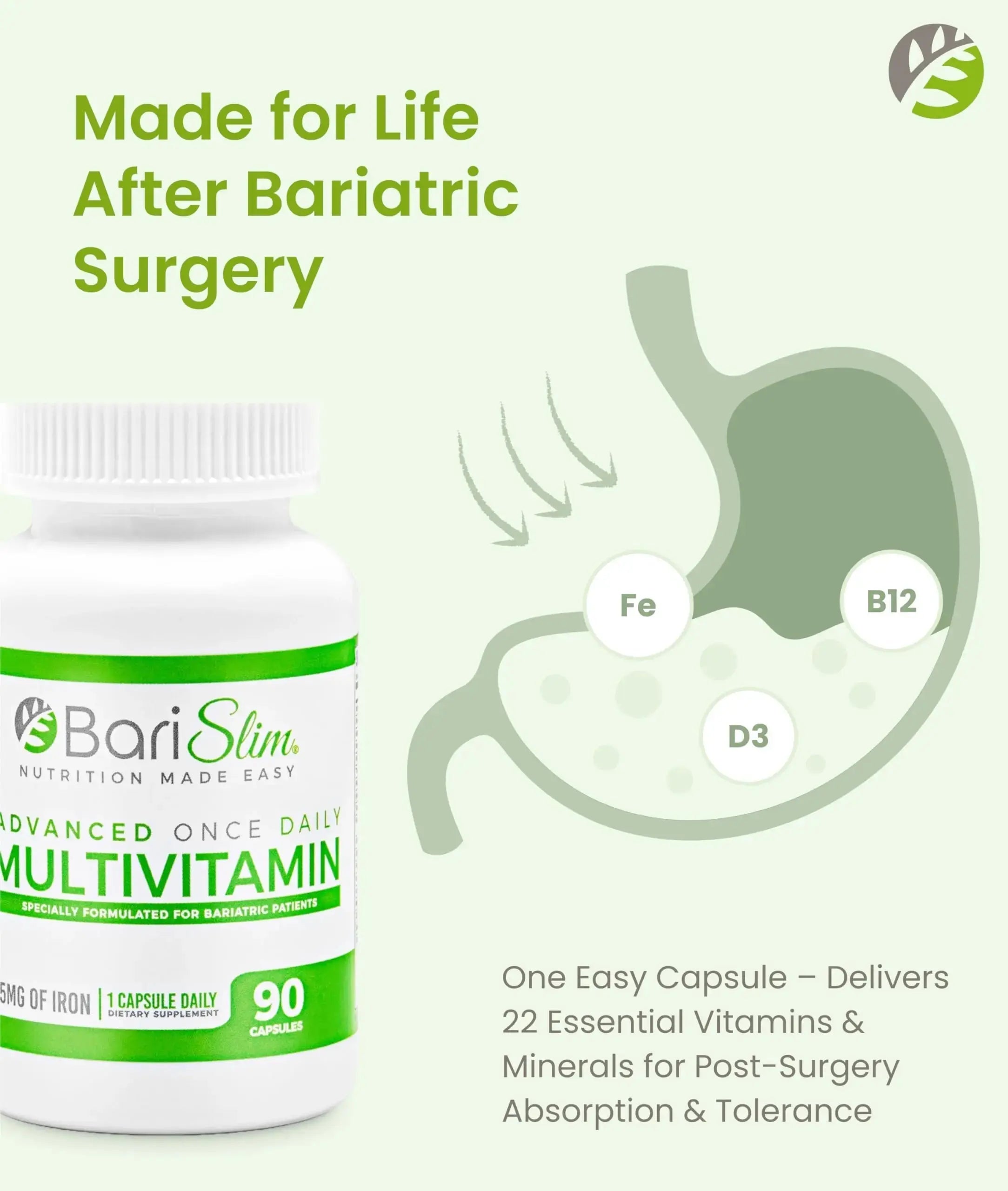 BariSlim Advanced Once Daily Bariatric Multivitamin Capsule - 45 mg of Iron - Bariatric Vitamin for Post Bariatric Surgery Including BariSlim Au supplements
