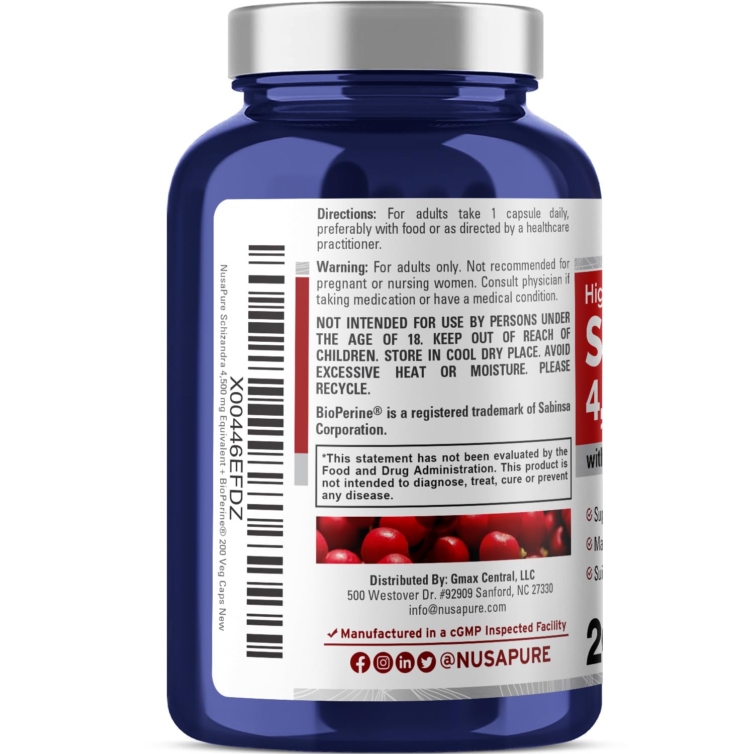 NusaPure Schizandra Berries 20:1 Extract, 225 mg Equivalent to 4500mg, 200 Vegan Capsules (Non-GMO, Bioperine) NusaPure Au supplements