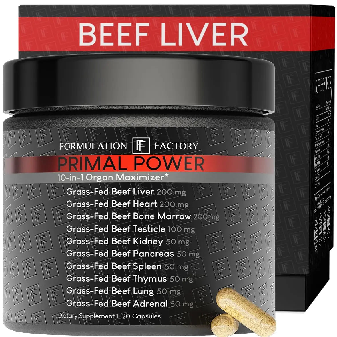 Formulation Factory Primal Power 10-in-1 Beef Organ Supplement - Grass Fed Beef Liver Capsules with Heart, Bone Marrow, Kidney, Testicle - Freeze Dried Organ - 120 Capsules, 2 Month Supply Formulation Factory Au supplements