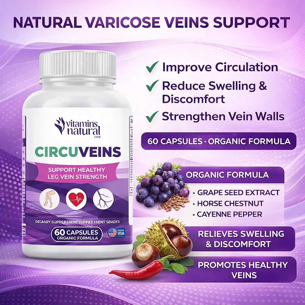 VITAMINS NATURAL CORP. CircuVeins Varicose Veins Support for Legs Capsules – Organic Vein Health Supplement with Horse Chestnut Grape Extract and Cayenne Pepper – 60 Capsules VITAMINS NATURAL CORP Au supplements