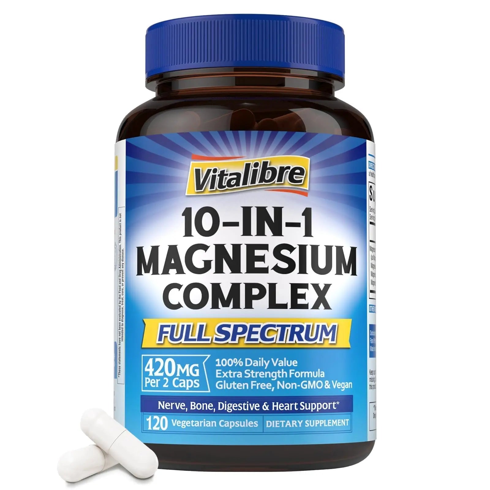 Vitalibre 10 in 1 Magnesium Complex, 420mg Elemental Magnesium | Ultra Strength, Max Absorption | Chelated Magnesium Supplement for Nerves, Bone & Heart Health | Non-GMO, 120 Vegan Capsules Vitalibre Au supplements