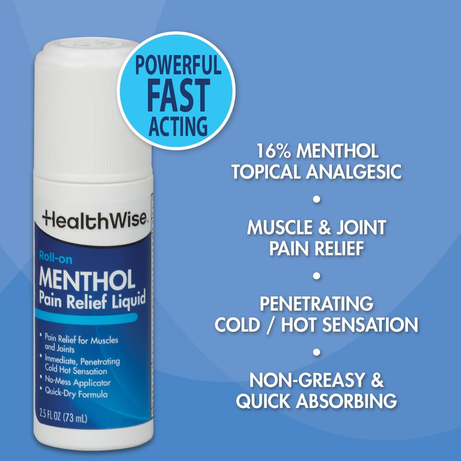 HealthWise 16% Menthol Roll-On | Cold Hot Sensation | Pain Relief Liquid | 2.5 oz. 73 mL | Non-Greasy Formula | Immediate Penetrating Action | Topical Analgesic HealthWise Au supplements