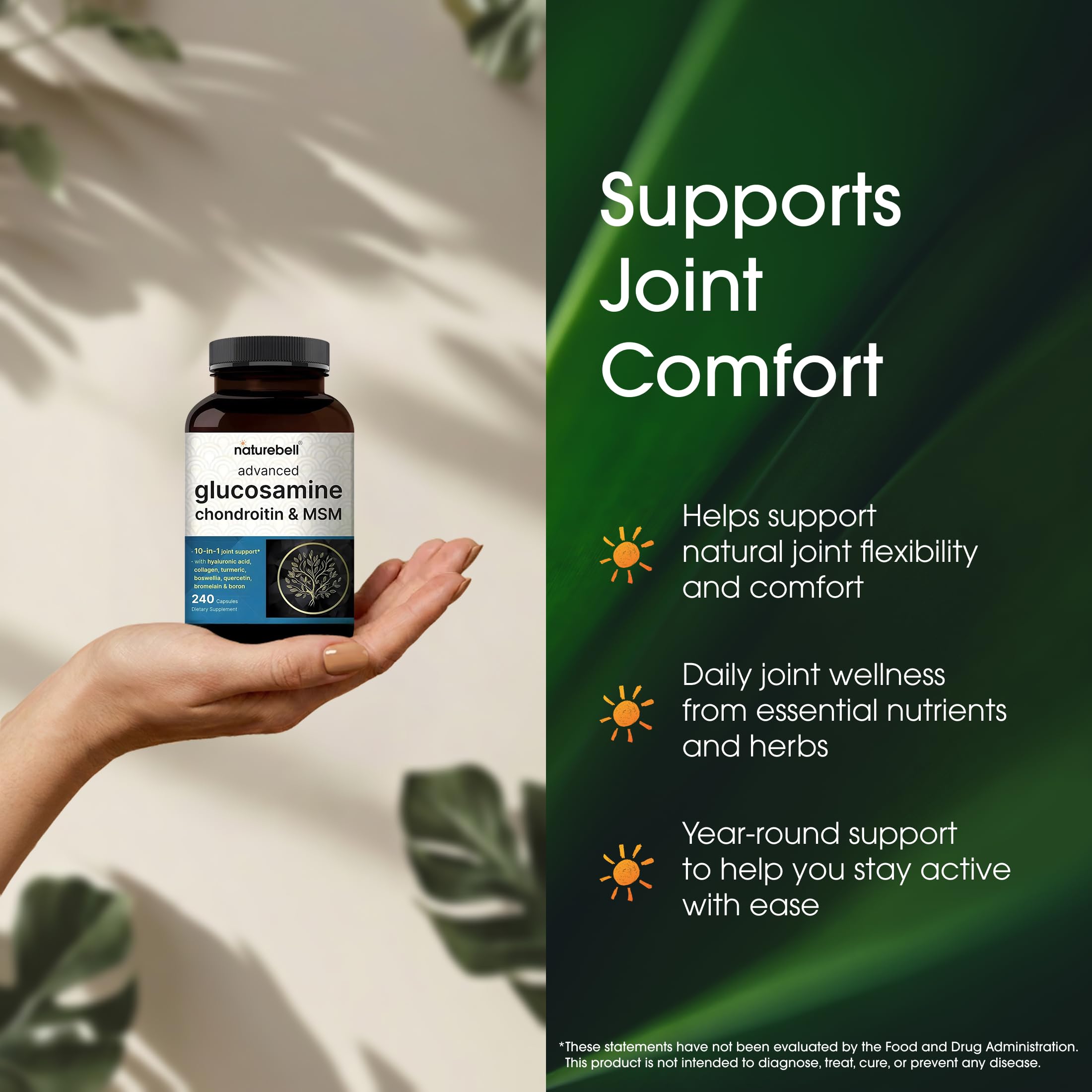 NatureBell Advanced Glucosamine Chondroitin & MSM - 240 Capsules - 10-in-1 Joint Support Complex* - Includes Hyaluronic Acid, Turmeric, Glucosamine, Collagen & More NatureBell Au supplements