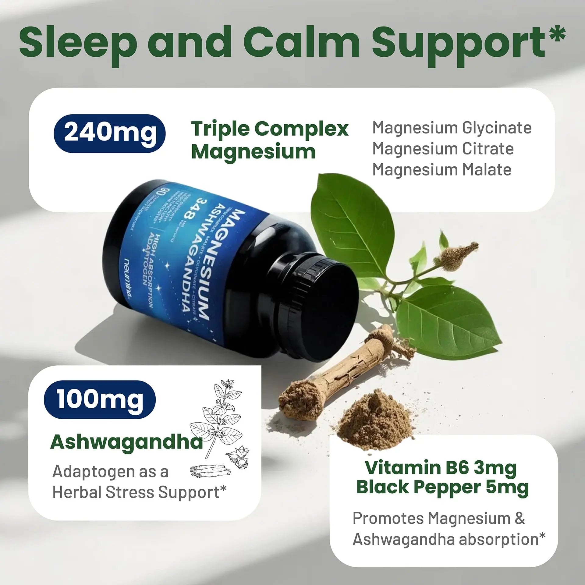 Magnesium Ashwagandha Complex | High-Absorption Multi Magnesium Supports Stress Relief, Sleep, Muscle & Heart Health | Vegan, Non-GMO, Gluten-Free, Made in USA, 90 Capsules((45-Day Supply) NEUMINA Au supplements