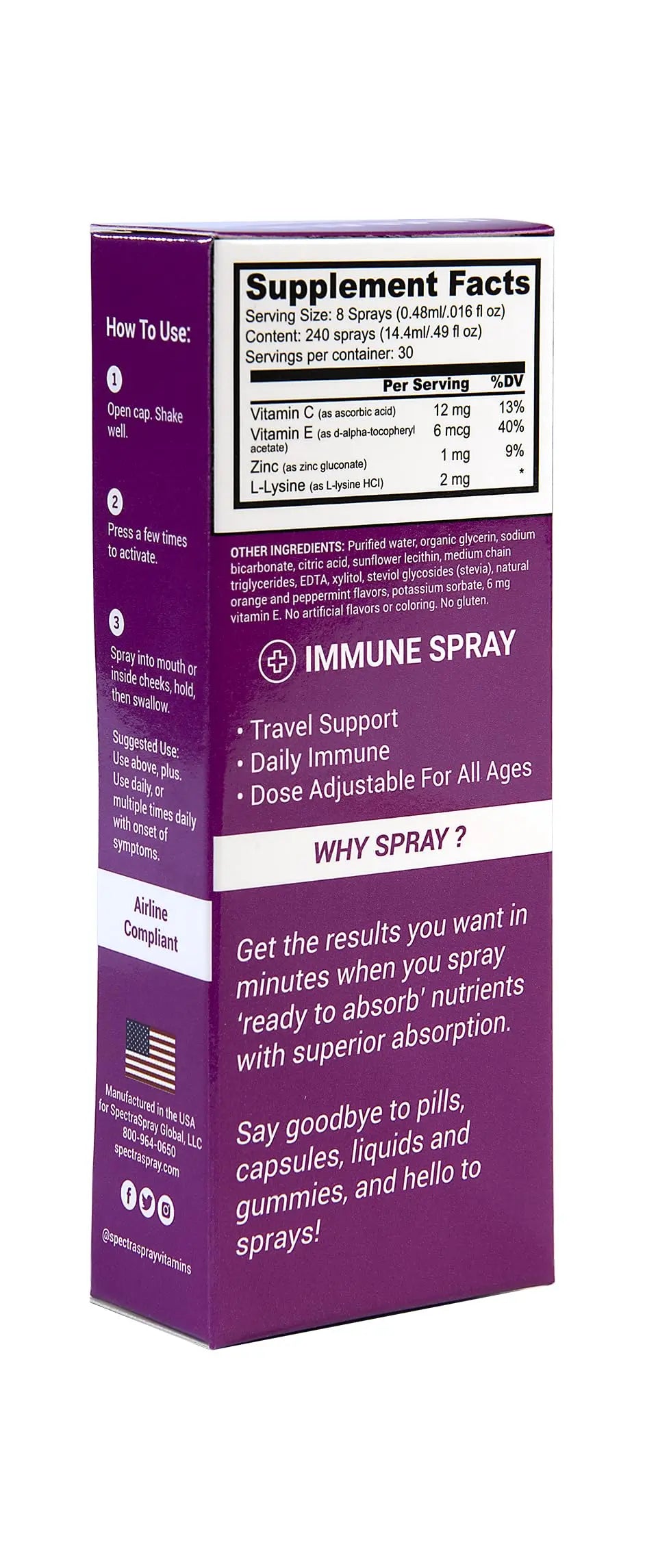 Spectraspray Immune Support Vitamin Spray - Vitamins C, E, Zinc and L-Lysine, 30 Day Supply per Spray Spectraspray Au supplements