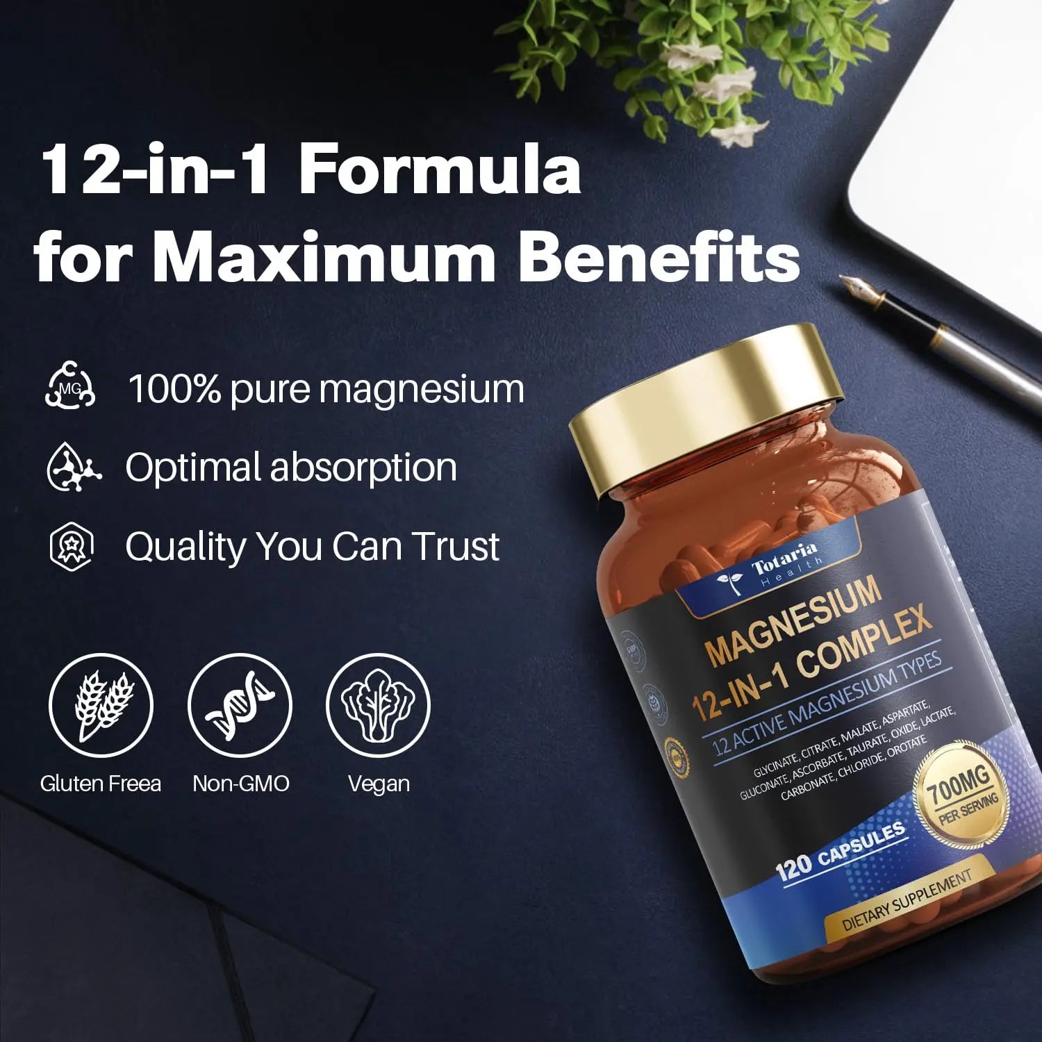Totaria Magnesium Complex 700mg 12 in 1 Magnesium Supplement with Glycinate Citrate Malate Oxide Taurate Aspartate Orotate Magnesium Relaxation,Muscle,Heart Support, Vegan 120 Capsules Totaria Au supplements