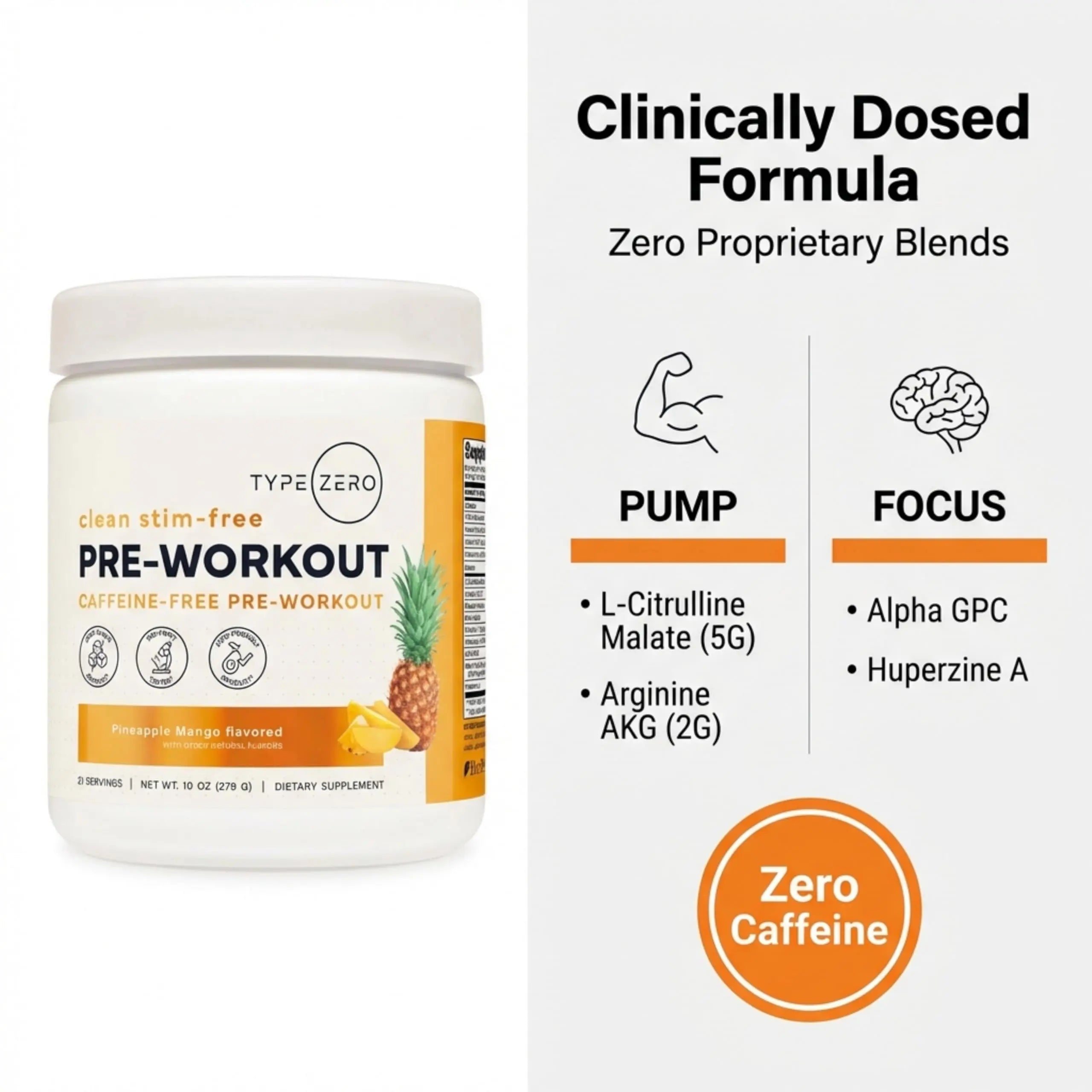 Type Zero Clean Stim Free Pre Workout Powder + Nitric Oxide Booster with L-Citrulline Malate, Arginine AKG, Beta Alanine - Caffeine & Stimulant Free - Pineapple Mango Flavor, 21 Servings Type Zero Au supplements