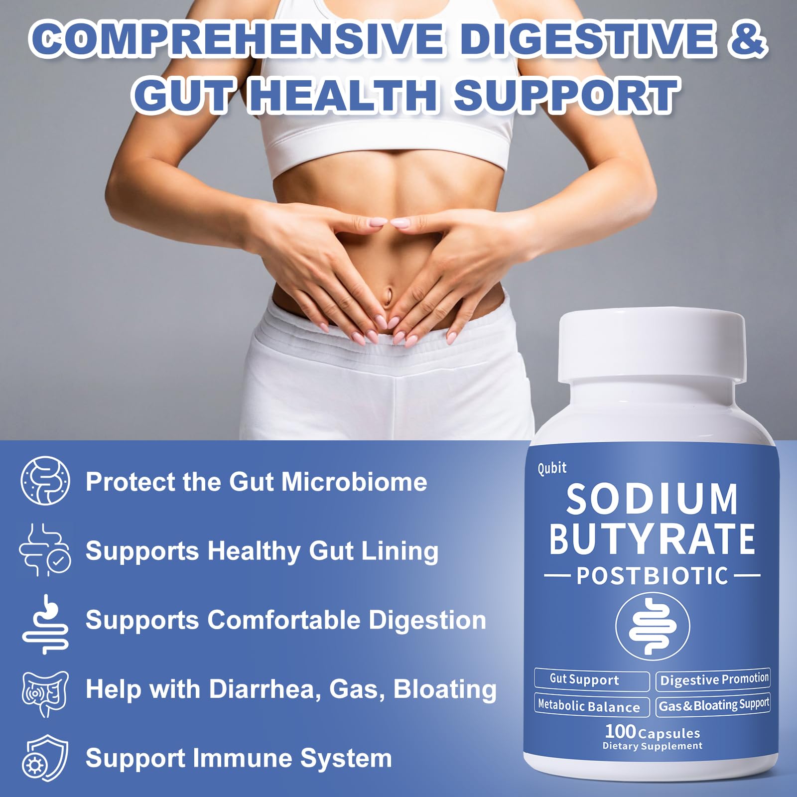 Sodium Butyrate Supplement – Postbiotic for Gut Health, Supports Digestion, IBS, Leaky Gut & Stomach Comfort – Low Odor, Easy to Swallow, No Side Effects – 100 Vegan Capsules QUBIT Au supplements