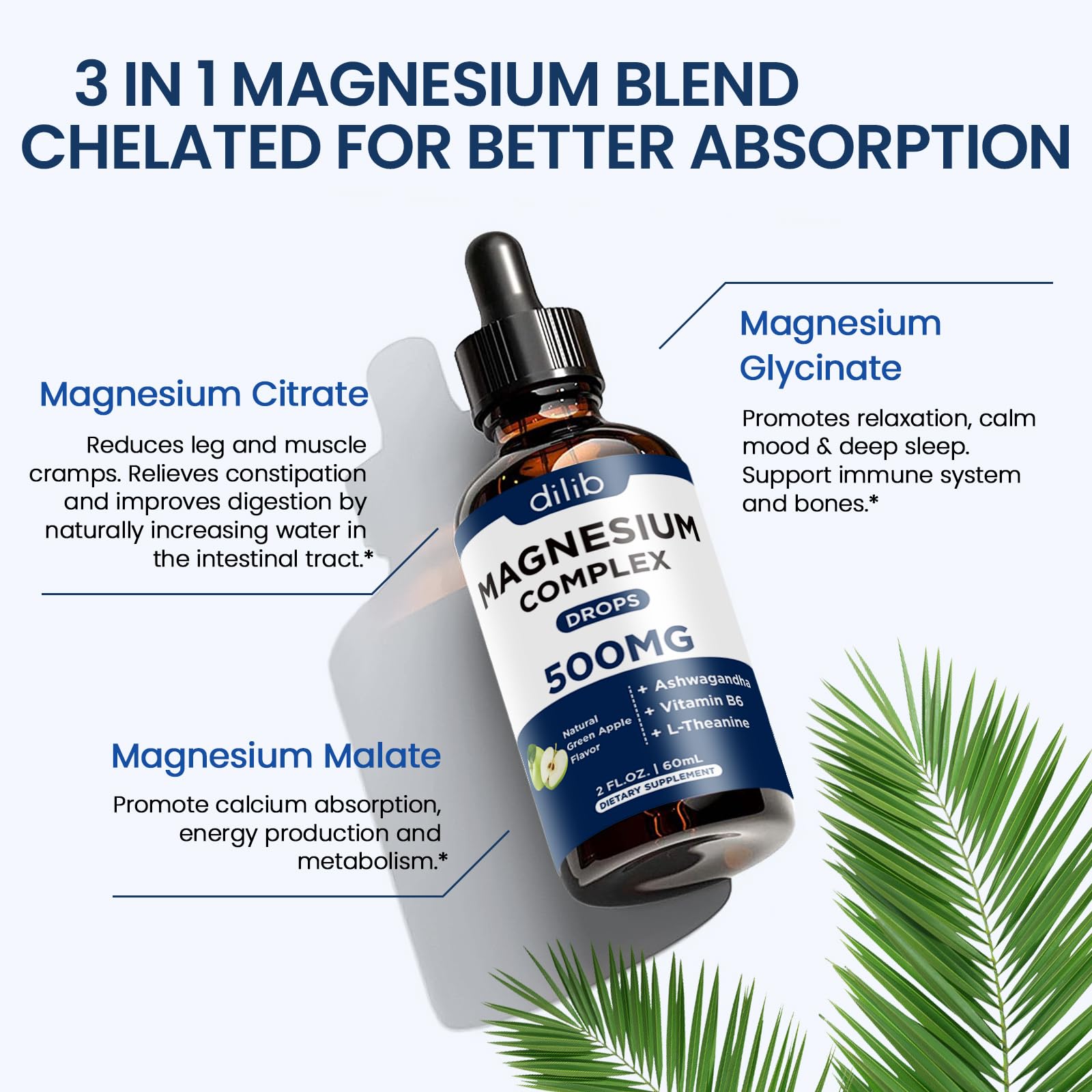 Triple Magnesium Complex Supplement-Magnesium Glycinate, Citrate, Malate Liquid Drops 500mg with Ashwagandha, L-Theanine, B6 for Calm, Stress Relief, Sleep, Muscle Support-Green Apple Flavor dilib Au supplements