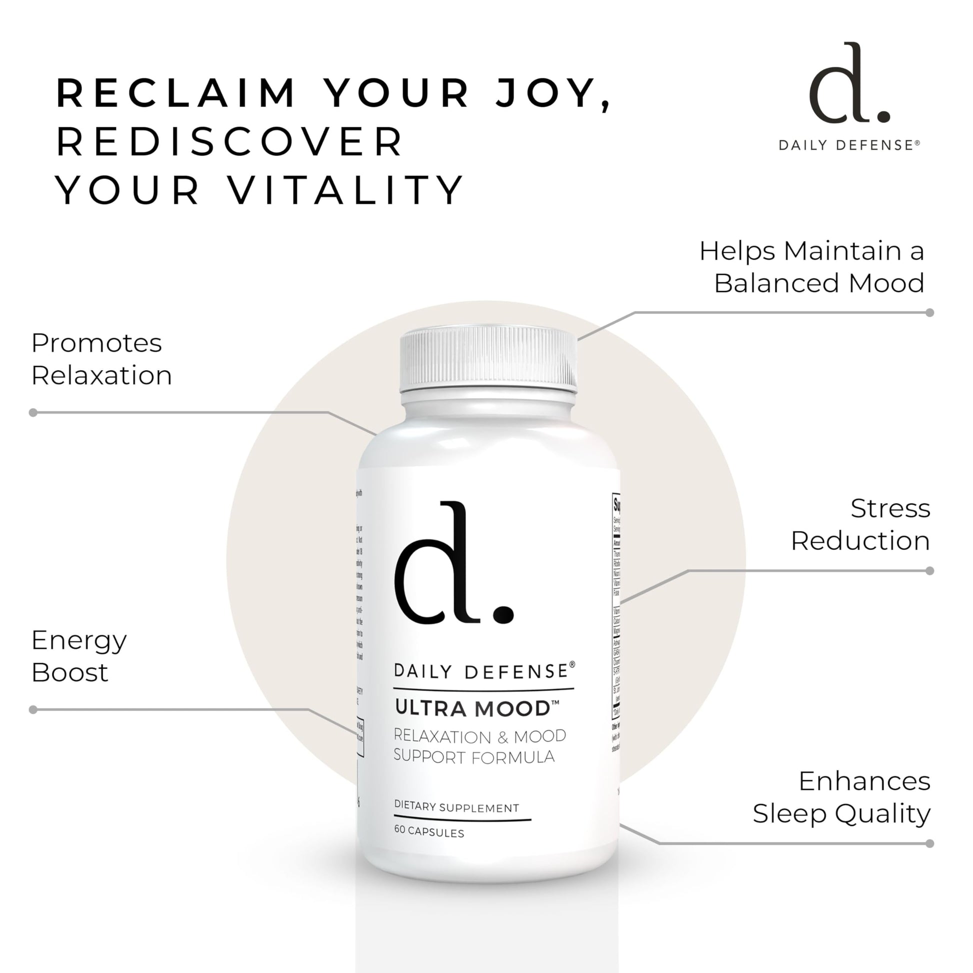 Daily Defense Mood Support Supplement - Ultra Mood 60 Count Mood Enhancer with Calcium Carbonate, Folic Acid, GABA, 5-HTP, Ashwagandha Root Extract & More - Non GMO Mood & Relaxation Supplement Daily Defense Au supplements