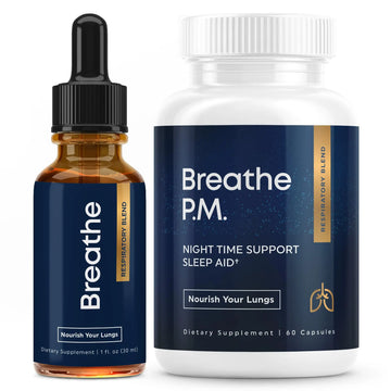 BREATHE & BREATHE PM Bundle - 60 Caps & 1 fl.oz. Mullein Drops for Lungs & Airways: Peppermint, Thyme, & Mullein Leaf Extract for Lungs Detox for Smokers - Clear Mucus & Breathe - GMO-Free & USA-Made Herbal Tea Therapy Au supplements