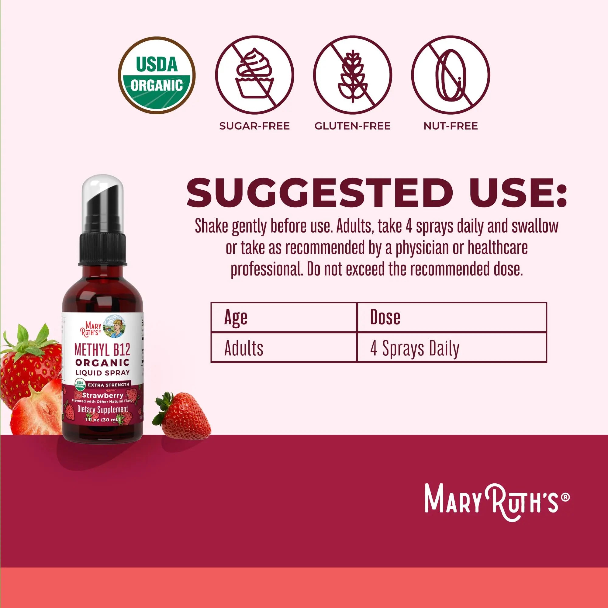 MaryRuth Organics Vitamin B12 Liquid Spray | Vegan, Non-GMO, Gluten-Free | USDA Organic Supplement | Energy & Nervous System Support | B12 Vitamins for Women & Men | 720 mcg | 1 Fl Oz MARYRUTH'S Au supplements