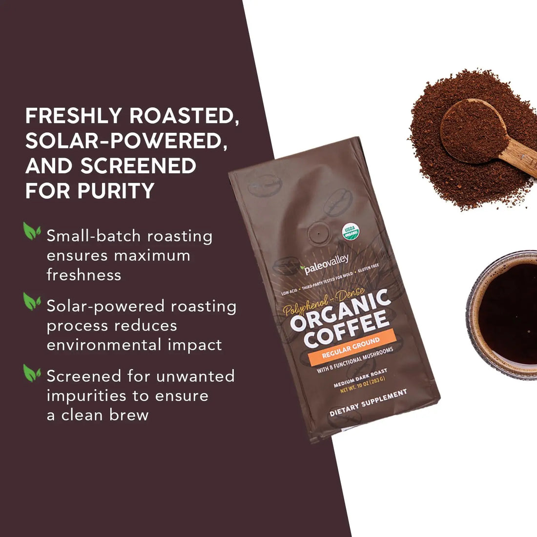 Paleovalley Organic Ground Coffee, 10oz - Regular, Low Acid, Single-Origin, Polyphenol-Rich, Infused with Mushrooms Paleovalley Au supplements