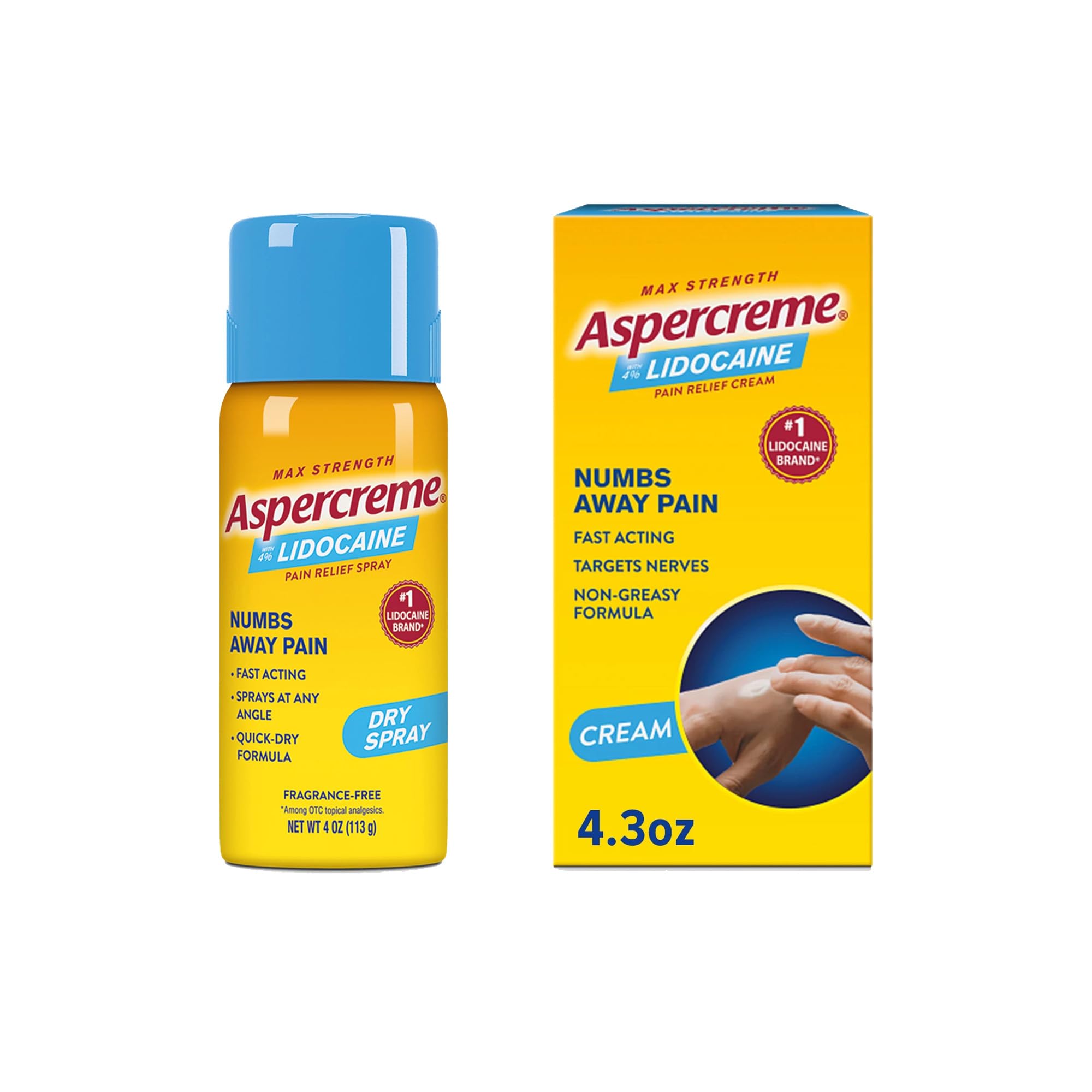 Aspercreme Max Strength Lidocaine Pain Relief Dry Spray 4 oz. Odor Free with Lidocaine Maximum Strength Pain Relief Cream, 4.3 Oz Aspercreme Au supplements