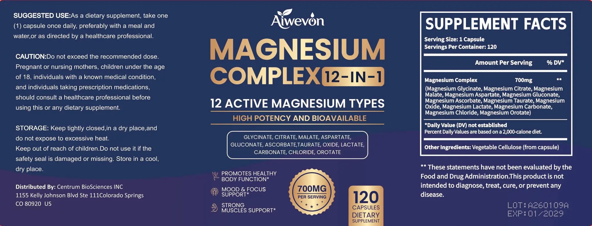 Magnesium Complex 700mg, 12 in 1 Magnesium Supplement with Glycinate, Citrate, Malate, Oxide, Taurate & Orotate, High Absorption Magnesium for Sleep, Muscle, Nerve & Heart Support, Vegan, 120 Capsules Aiwevon Au supplements