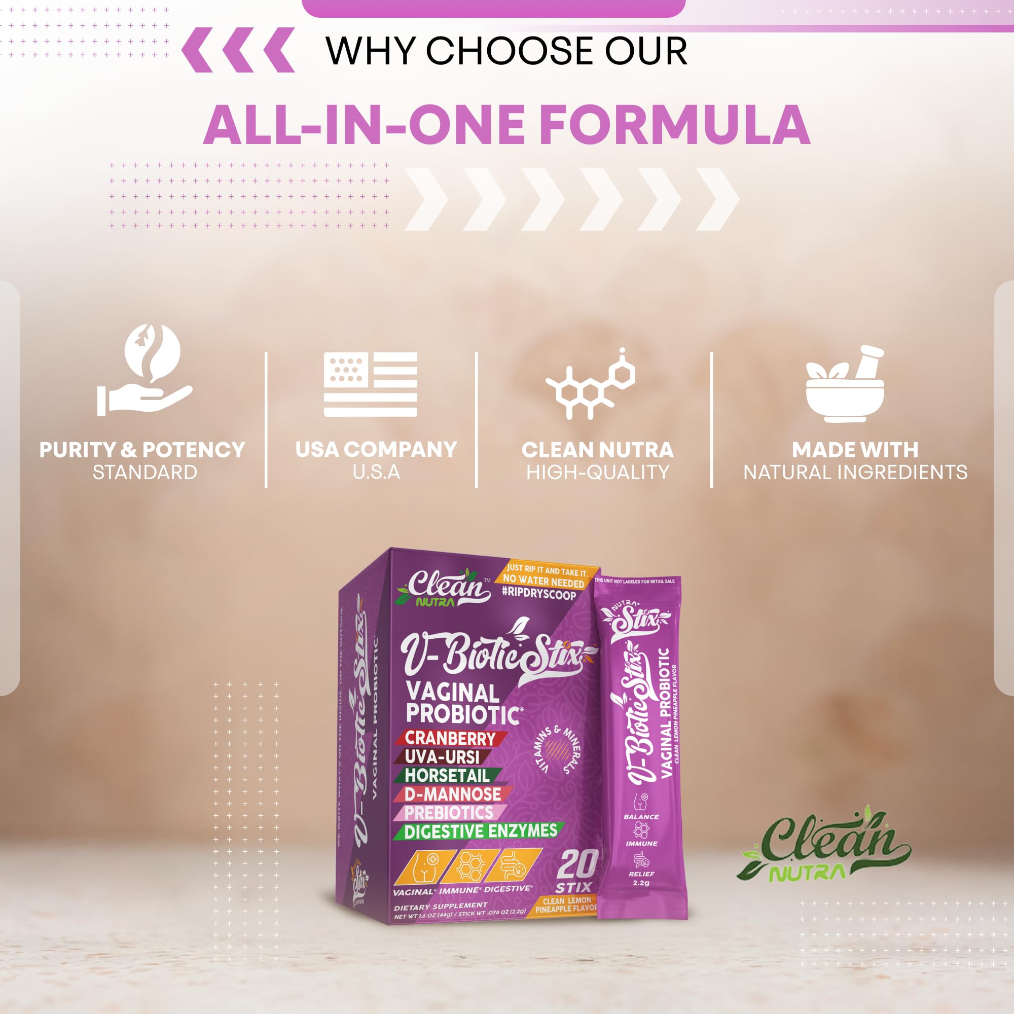 Clean Nutraceuticals Vaginal Probiotics for Women with Cranberry Extract, D-Mannose, Prebiotics, pH Balance for Women, Vaginal Health – Womens Probiotic Alternative to Gummies - 20 Stix Clean Nutraceuticals Au supplements