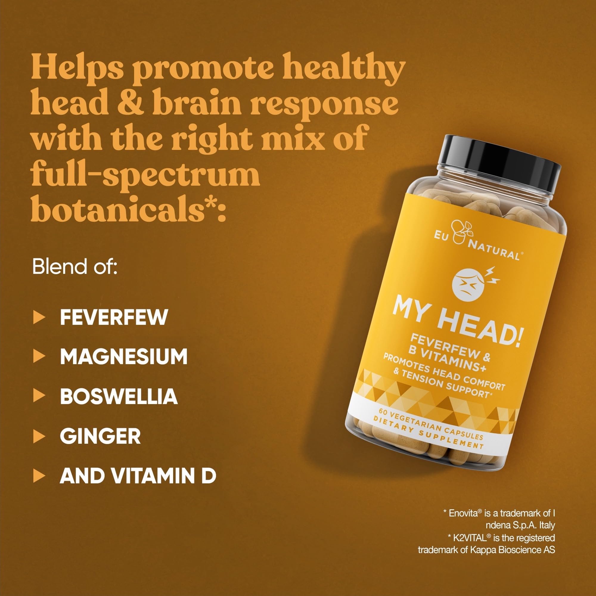 My Head! Headache Vitamins – Sensitivity, Tension, Comfort, Healthy Head Function for A Clear Mind – Fast acting Magnesium, Feverfew, Boswellia, Vitamin D, Ginger, & More – 60 Soft Capsules Eu Natural Au supplements