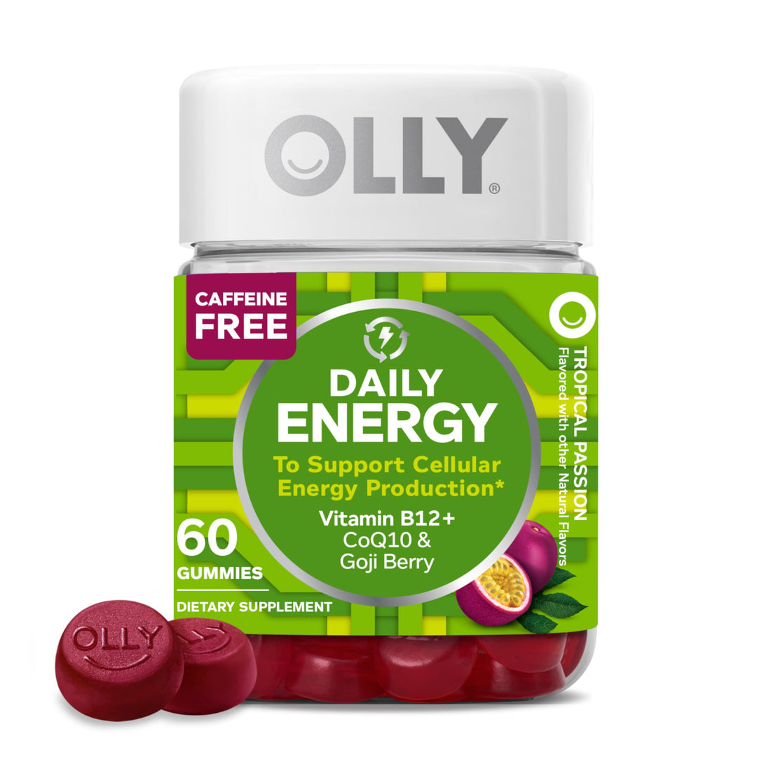 OLLY Daily Energy Gummy, Caffeine Free, Vitamin B12, CoQ10, Goji Berry, Adult Chewable Supplement, Tropical Flavor - 60 Count OLLY Au supplements