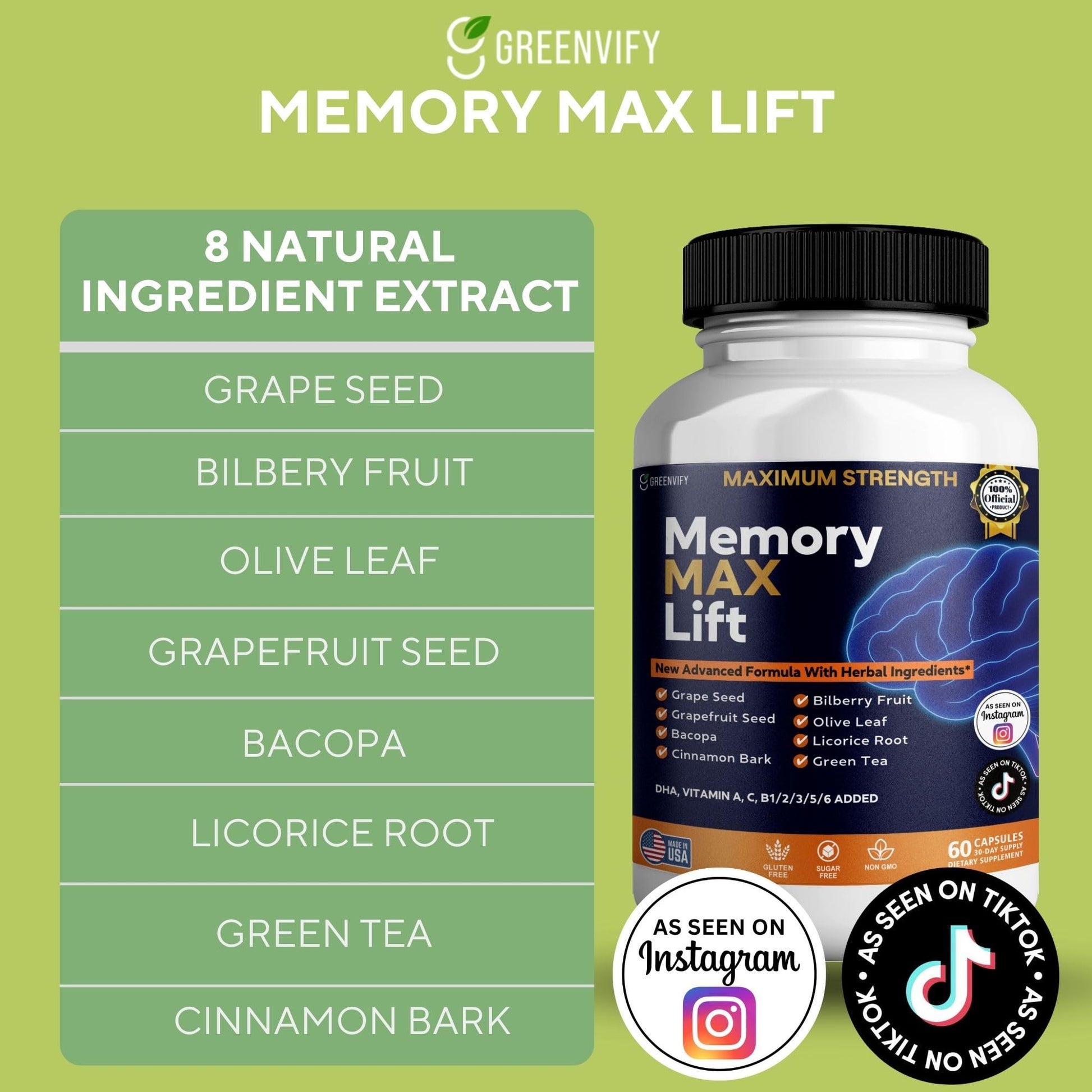 GREENVIFY Memory MAX Lift Brain Support Supplement, 60 Capsules, with Vitamins and Herbal Blend, 30 Day Supply (1) GREENVIFY Au supplements