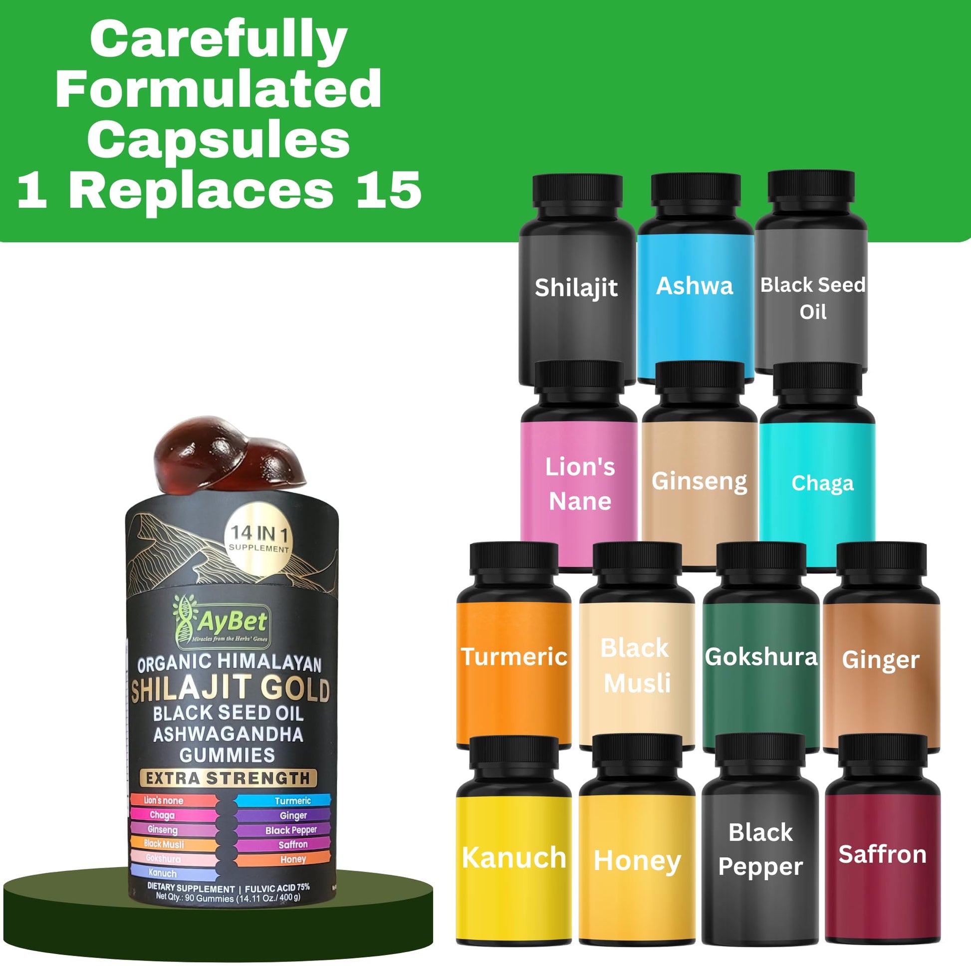 AyBet Organic Himalayan Shilajit Gold Gummies for Men and Women, Black Seed Oil, Ashwagandha, Ginseng, Turmeric, Gokshura, Lion's None, Lab Tested,%75 Fulvic Acid, No Sugar Added, Halal, 90Gummy AyBet Au supplements