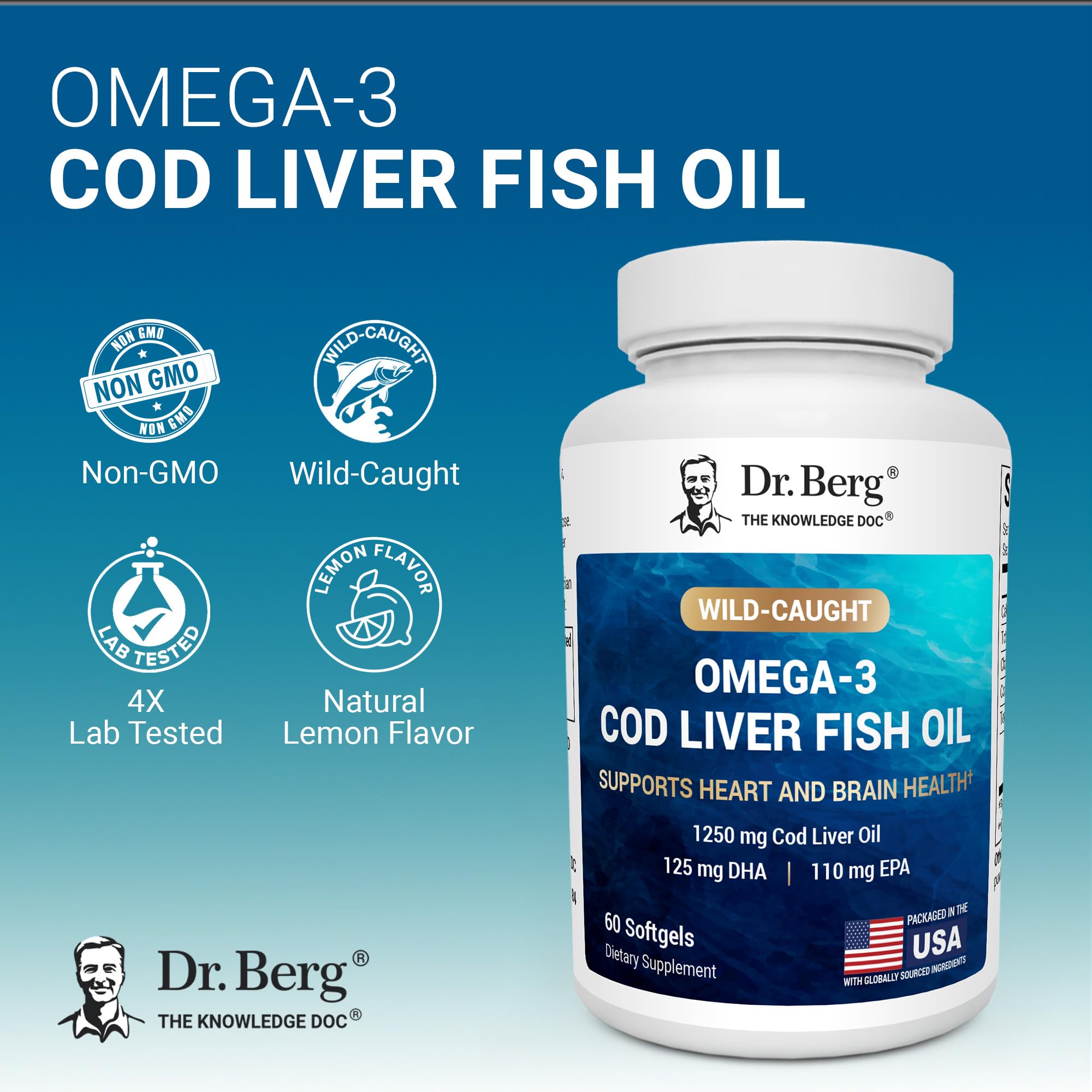 Dr. Berg Omega-3 Cod Liver Fish Oil 60 Softgels – Wild-Caught Icelandic Cod – Omega 3 EPA & DHA – Heart, Brain, Immune & Eye Support* – Lemon Flavor – 4X Lab-Tested – Non-GMO, No Fillers Dr. Berg Nutritionals Au supplements