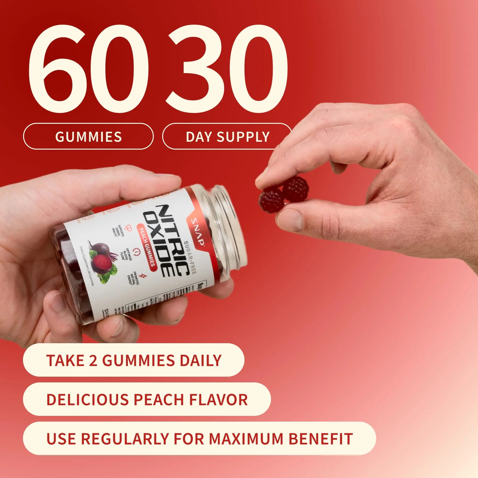Snap Supplements Nitric Oxide Beet Root Gummies Supplement with Organic Beets - Energy & Circulation Support, 60 Sugar-Free Gummies (30 Servings, 1 Month Supply), Peach Snap Supplements Au supplements
