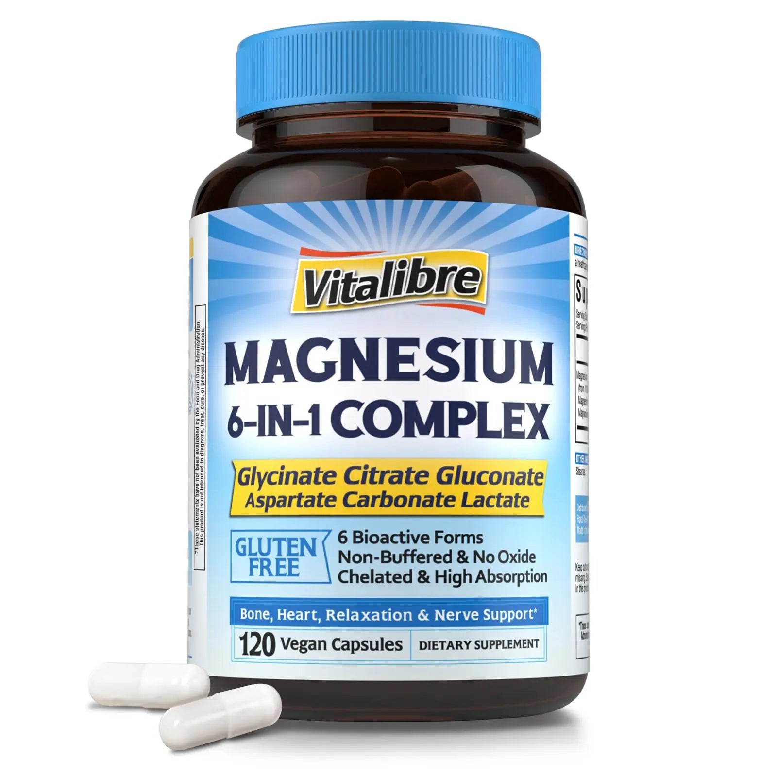 Vitalibre 6 in 1 Magnesium Complex for Women Men, 260mg Elemental Magnesium | Max Absorption | Chelated Magnesium Supplement for Bone, Relaxation & Nerves Support | Non-GMO, 120 Vegan Capsules Vitalibre Au supplements