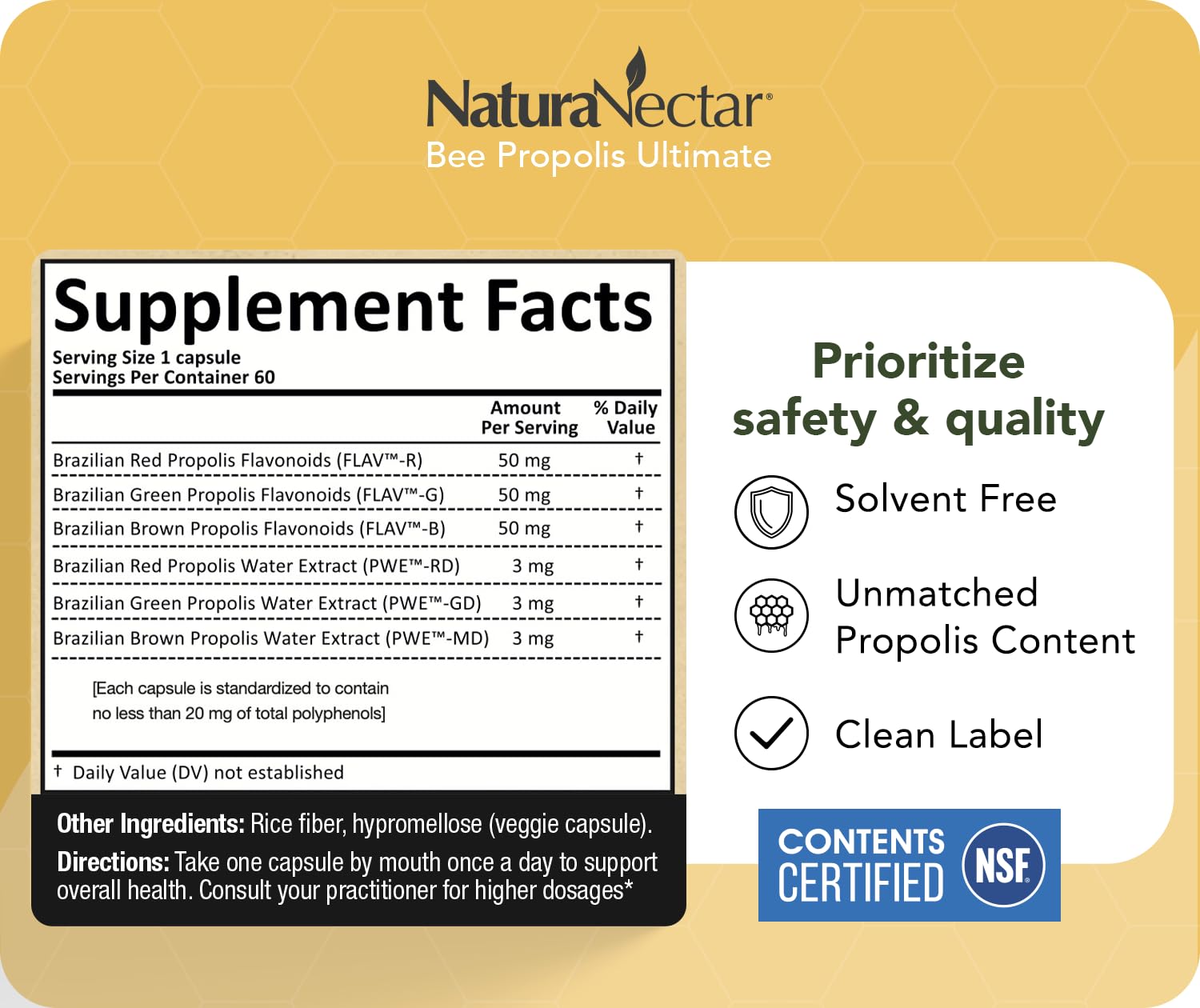 NaturaNectar - Ultimate Bee Propolis Capsules - NSF Contents Certified -Brazilian Red, Brown, & Green - Gluten-Free Supplement with Flavonoids - Naturally Sourced Through Ethical Beekeeping (60pcs.) NaturaNectar Au supplements