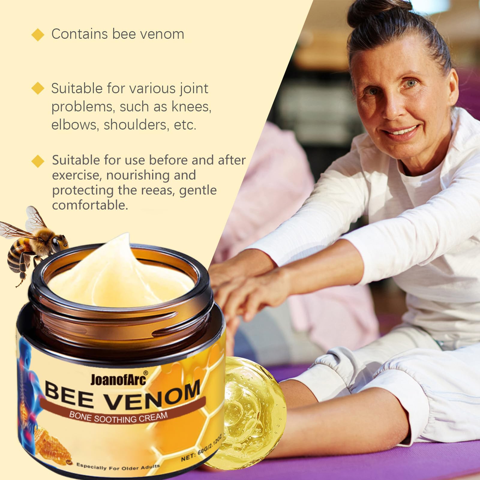 Bee Venom Joint Cream, Natural Bee Venom Skin Cream, Bee Venom Advanced Joint & Bone Cream, Suitable for Everyday Back, Waist, Neck, Hands, Knees, Light Non-Sticky for Men Women Aldult - 2.11 Oz/60g JoanofArc Au supplements