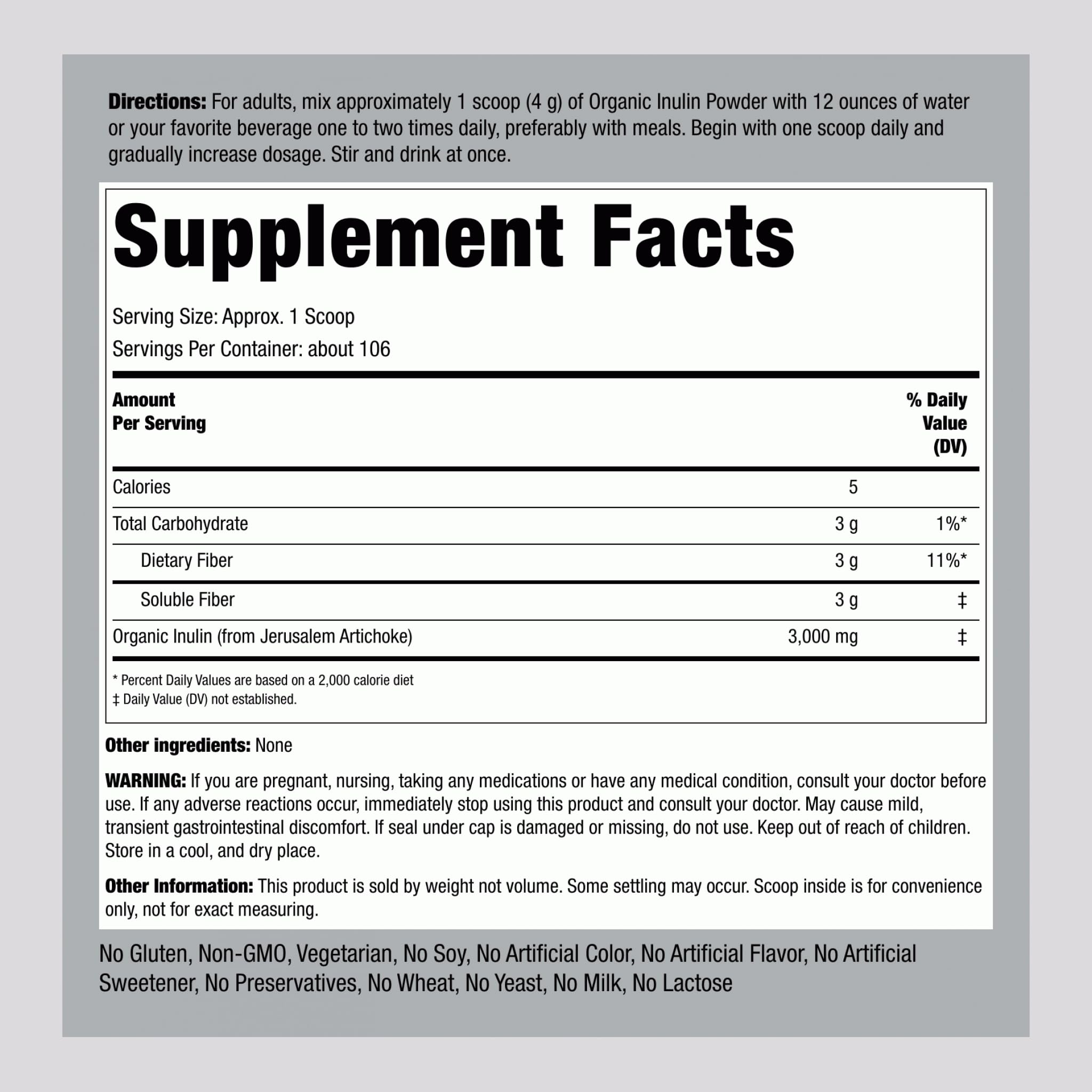 Piping Rock Organic Inulin Powder | 15 oz | Soluble Fiber Supplement | FOS Powder | Vegetarian, Non-GMO, Gluten Free Piping Rock Au supplements