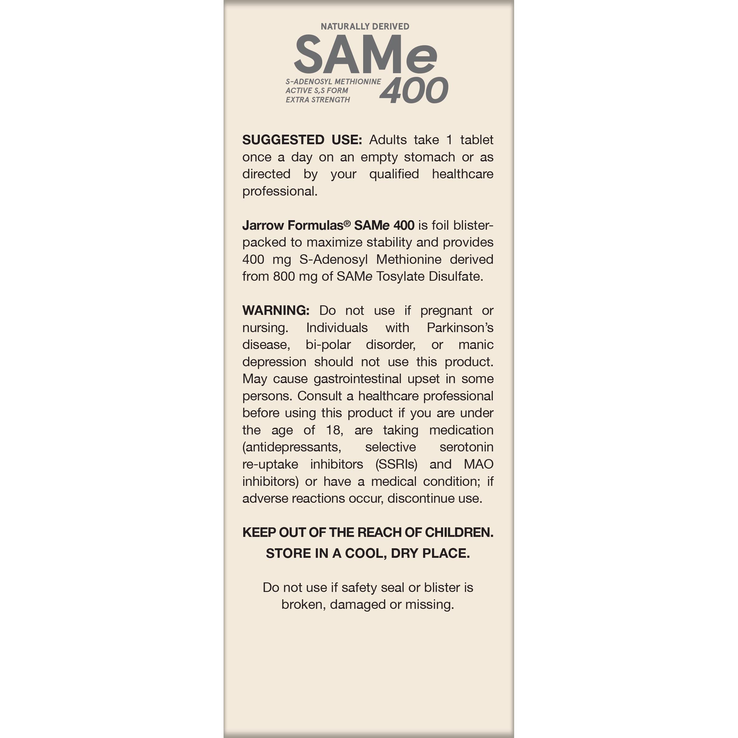 Jarrow Formulas SAMe Supplement 400 mg - 60 Tablets - High Concentration of Active S,S Form - Supports Joint Health, Liver Function, Brain Metabolism, Balanced Mood & Antioxidant Defense - 60 Servings Jarrow Formulas Au supplements
