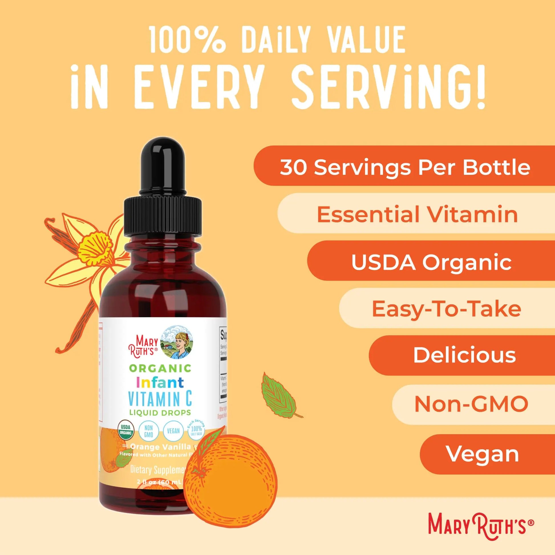 MaryRuth Organics Infant & Baby Vitamin C Supplement | USDA Organic Vitamin C Liquid Drops for Infants | Ages 6-12 Months | Immune Support | Overall Health | Vegan | Non-GMO | Gluten Free | 2 Fl Oz MARYRUTH'S Au supplements