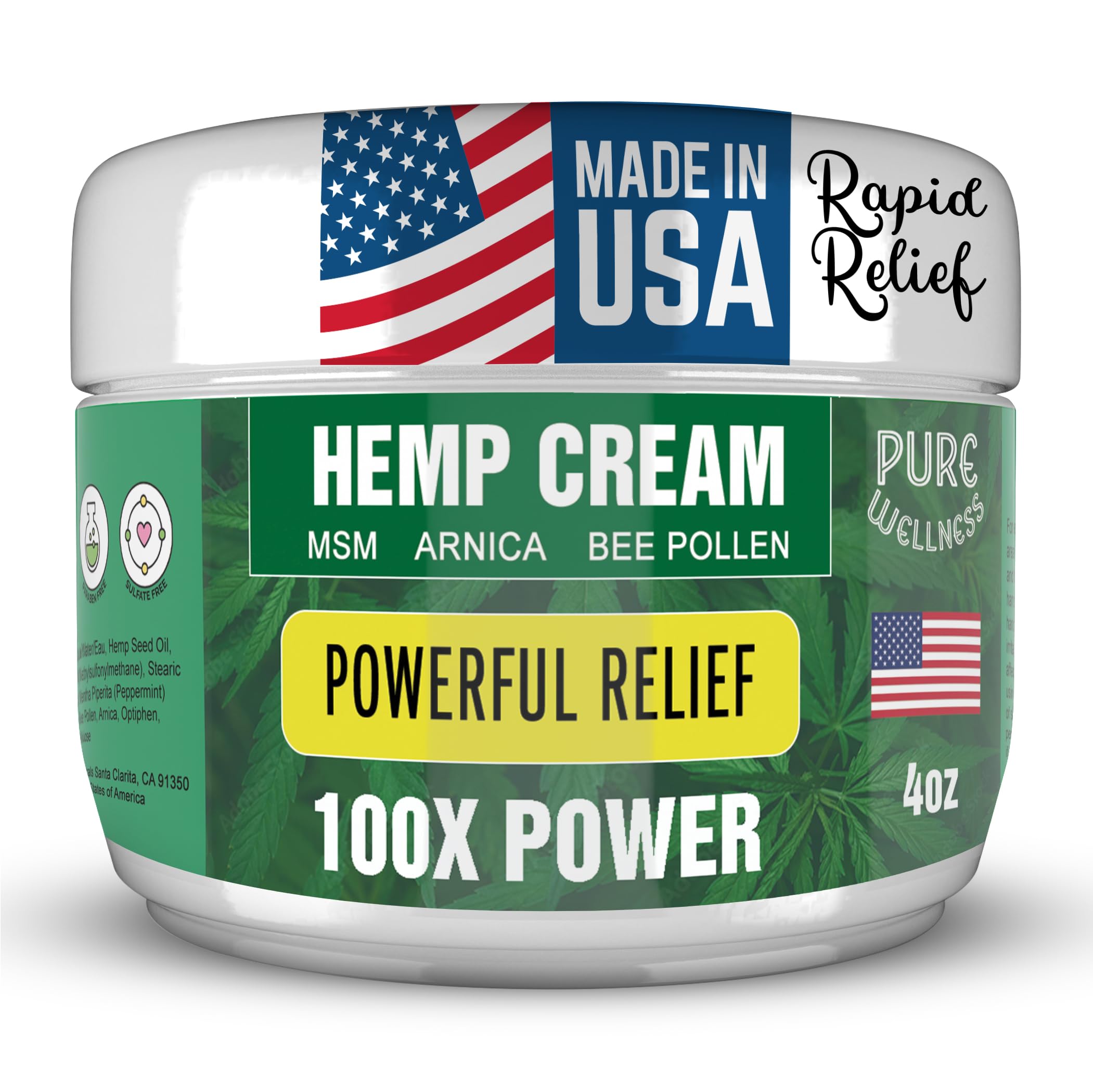 Pure Wellness Hemp Cream Maximum Strength 100,000mg with MSM, Arnica & Bee Pollen - 4 Oz, Supports Relief & Soothing from Joint, Muscle, Shoulder, Back, Knee and Nerve Discomfort - 1 Pack Pure Wellness Au supplements