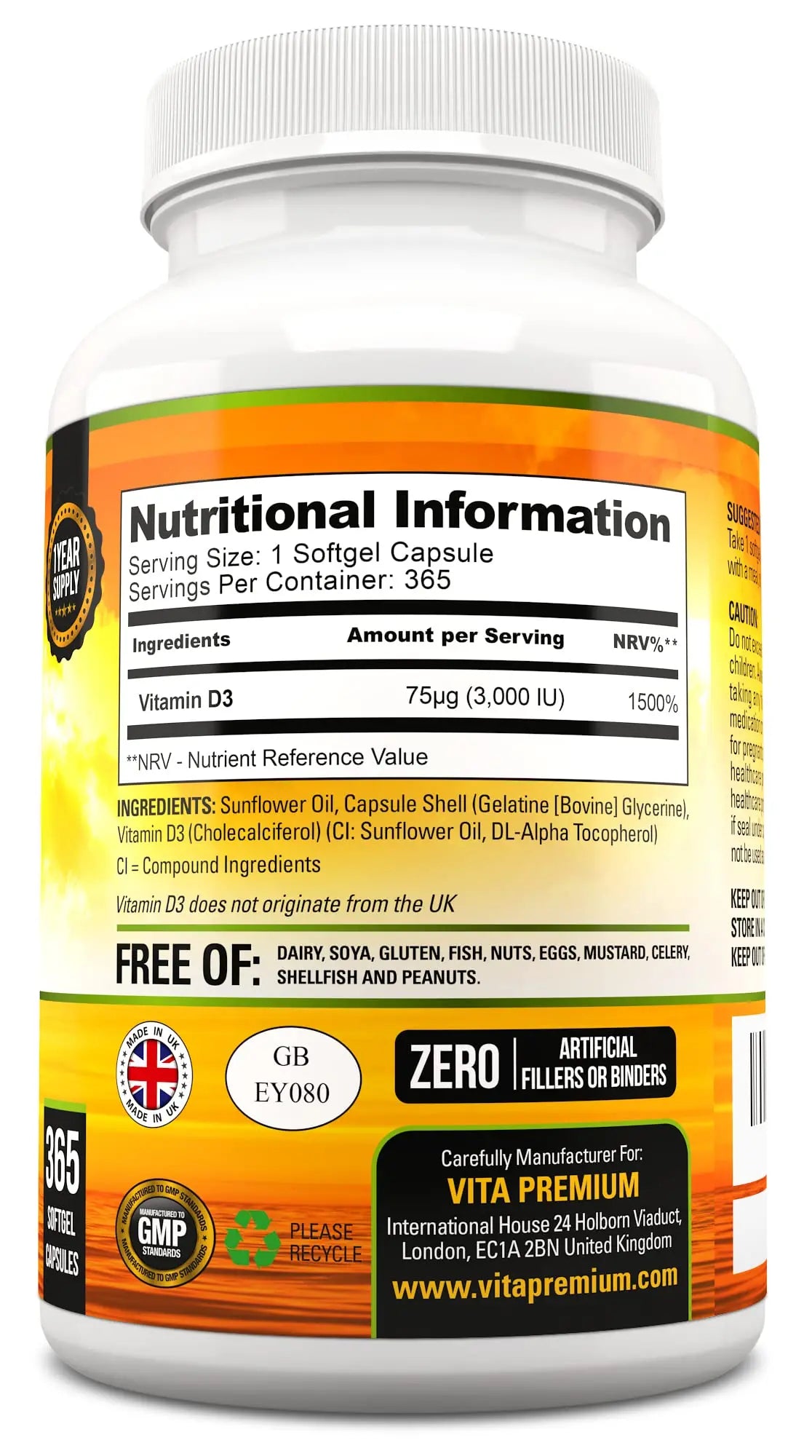 Vitamin D 3,000 IU, High Strength Vitamin D3 Supplement, 365 Easy to Swallow Softgels Vita Premium Au supplements