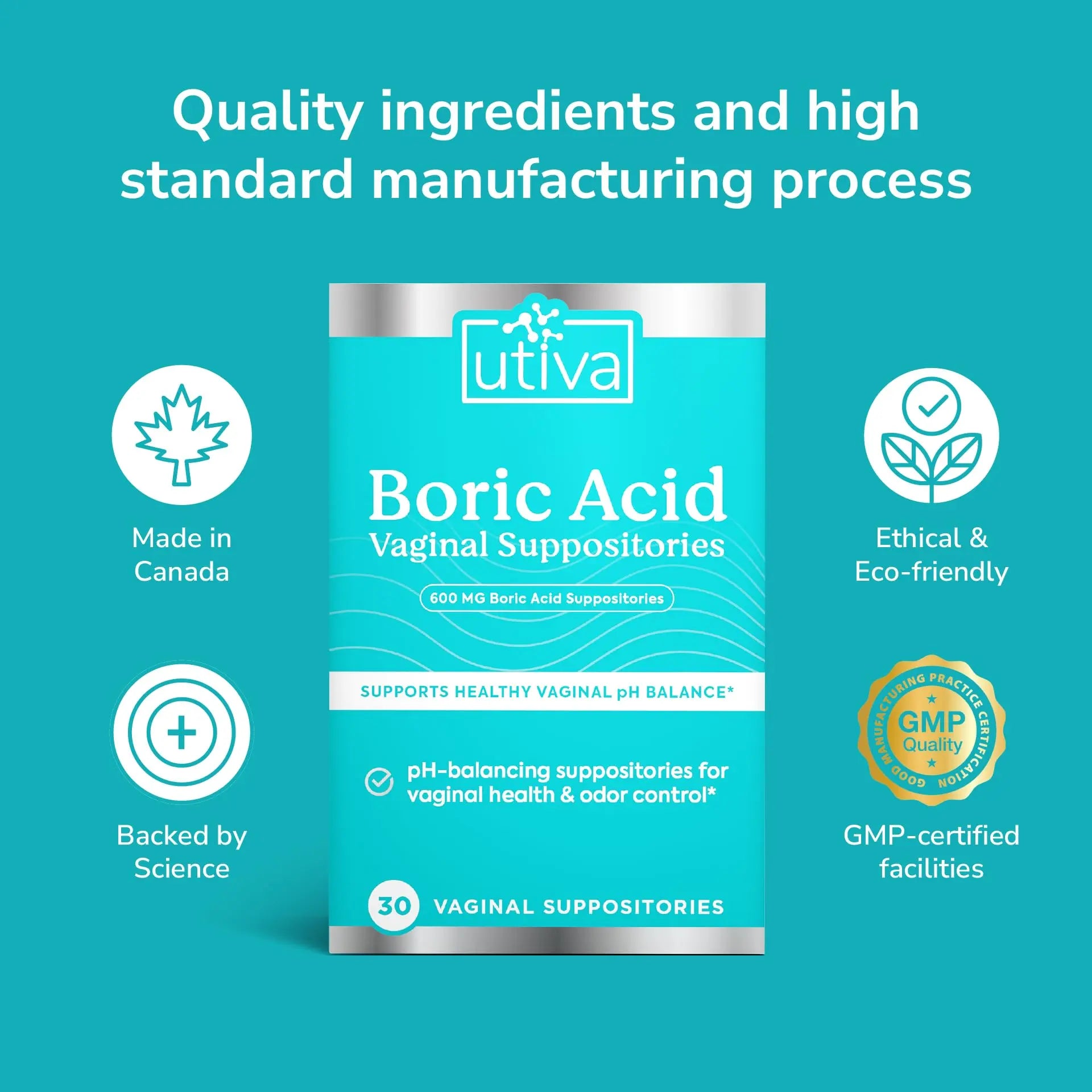 10% Bundle Utiva Boric Acid - 600mg 30-Boric Acid Vaginal Suppositories to Lower pH and Support Vaginal Health + Utiva Suppository Applicators – Hygienic Individually Wrapped 15 Vaginal Applicators Szio+ Au supplements