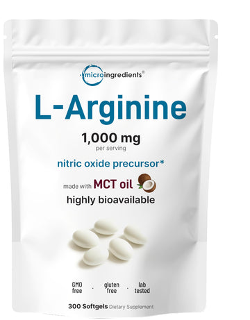 Micro Ingredients L-Arginine 1000mg with MCT Oil, 300 Softgels | Nitric Oxide Precursor* for Men & Women | Extra Strength Amino Acid Formula for Daily Wellness