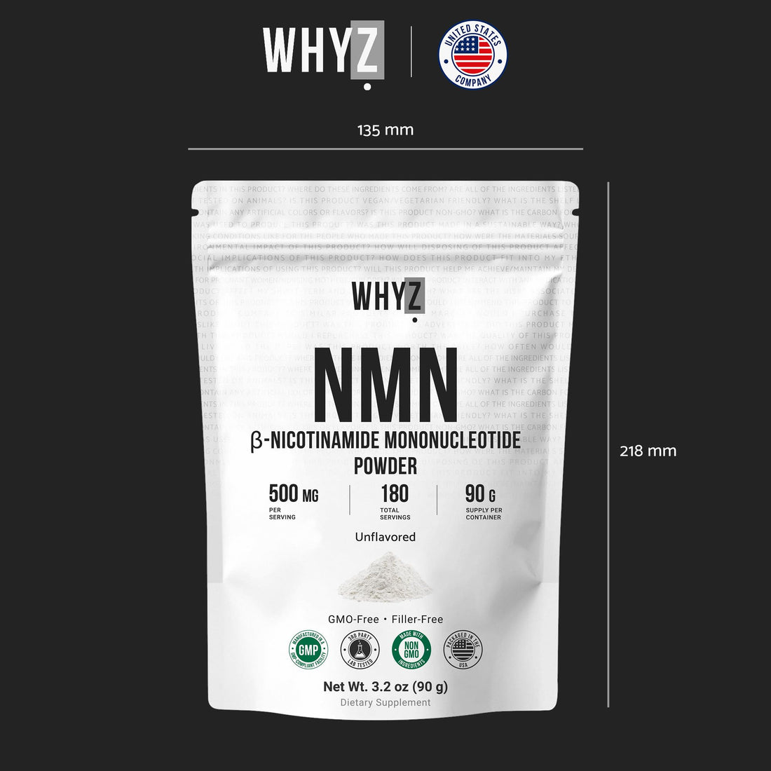 Pure NMN Powder Nicotinamide Mononucleotide Quick Dissolved NMN Supplement Powder 100% Unflavored NMN Supplement Supports NAD+ Levels Vegan Friendly Non-GMO, 90g WHYZ Au supplements