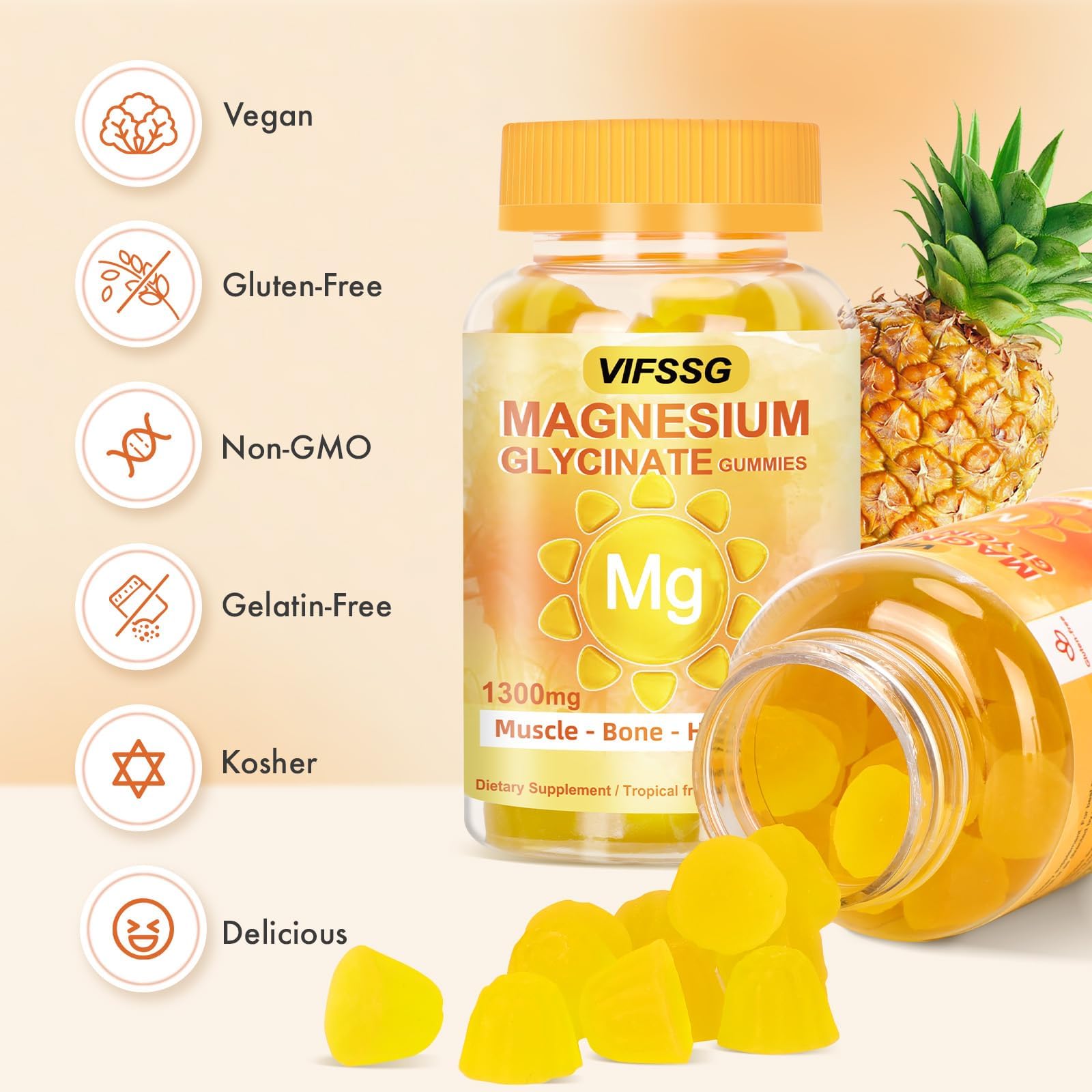 VIFSSG Magnesium Glycinate Gummies 500 Mg, Triple Magnesium Complex Sugar-Free Gummies with Malate 400 Mg, Citrate 400 Mg, Magnesium Supplement Chewable