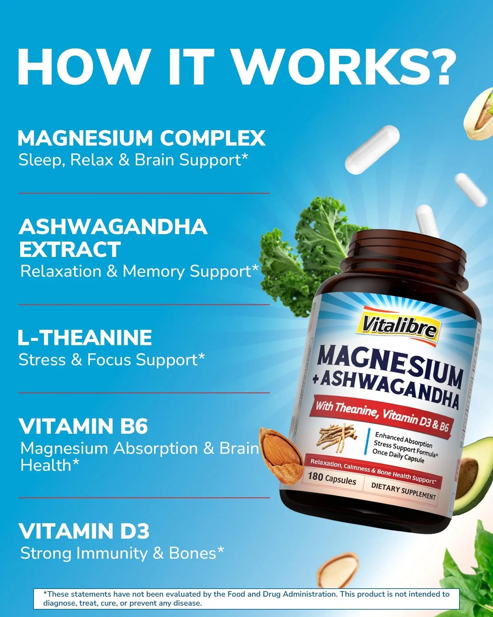 Vitalibre Magnesium Complex with Ashwagandha & L-Theanine - Stress Relief, Bone & Relaxation Support - w/Vitamin D3, B6 - Glycinate, Citrate, Malate, Taurate - 90 Vegan Capsules, Non-GMO, Gluten Free Vitalibre Au supplements