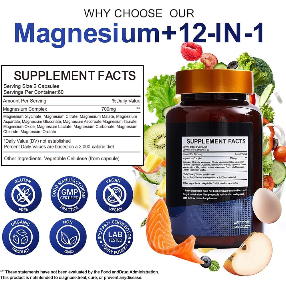 Magnesium Complex 700mg – 12-in-1 Magnesium Supplement with Glycinate, Citrate, Malate, Oxide, Taurate & More – High Absorption for Muscle, Heart, Sleep, Bone, Nerve Support –120 Capsules Vccvaa Au supplements