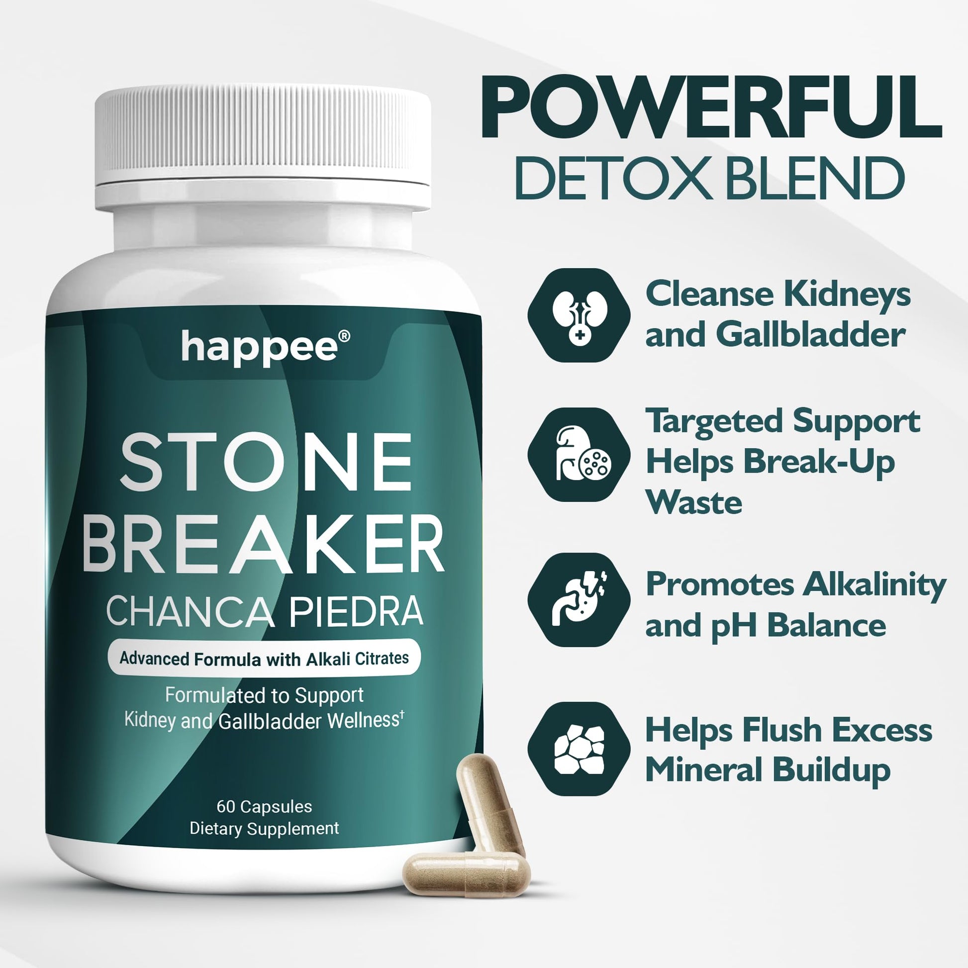 Happee Chanca Piedra Stone Breaker Kidney & Gallbladder Cleanse – Kidney Stone Dissolver & Passage Support - High Potency Phyllanthus Niruri with Magnesium, Potassium & Herbal Blend - 60 Capsules Happee Au supplements