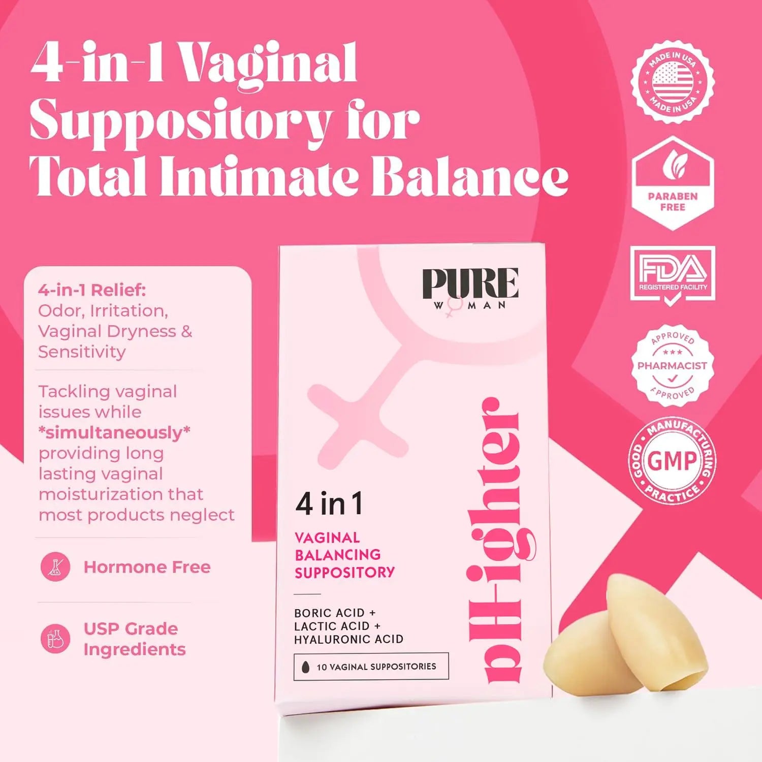 PURE WOMAN - pH-ighter Vaginal Boric Acid Suppositories for Women - Hyaluronic Acid - 4 in 1 Vaginal Suppositories for Discomfort, Dryness, Odor & pH Balance- Full Vaginal Health Care - 7pk PURE WOMAN Au supplements