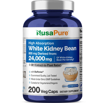 NusaPure White Kidney Beans 30:1 Extract, 800 mg Equivalent to 24,000 mg 200 Vegan Capsules - Bioperine - (Vegan, Non-GMO) NusaPure Au supplements