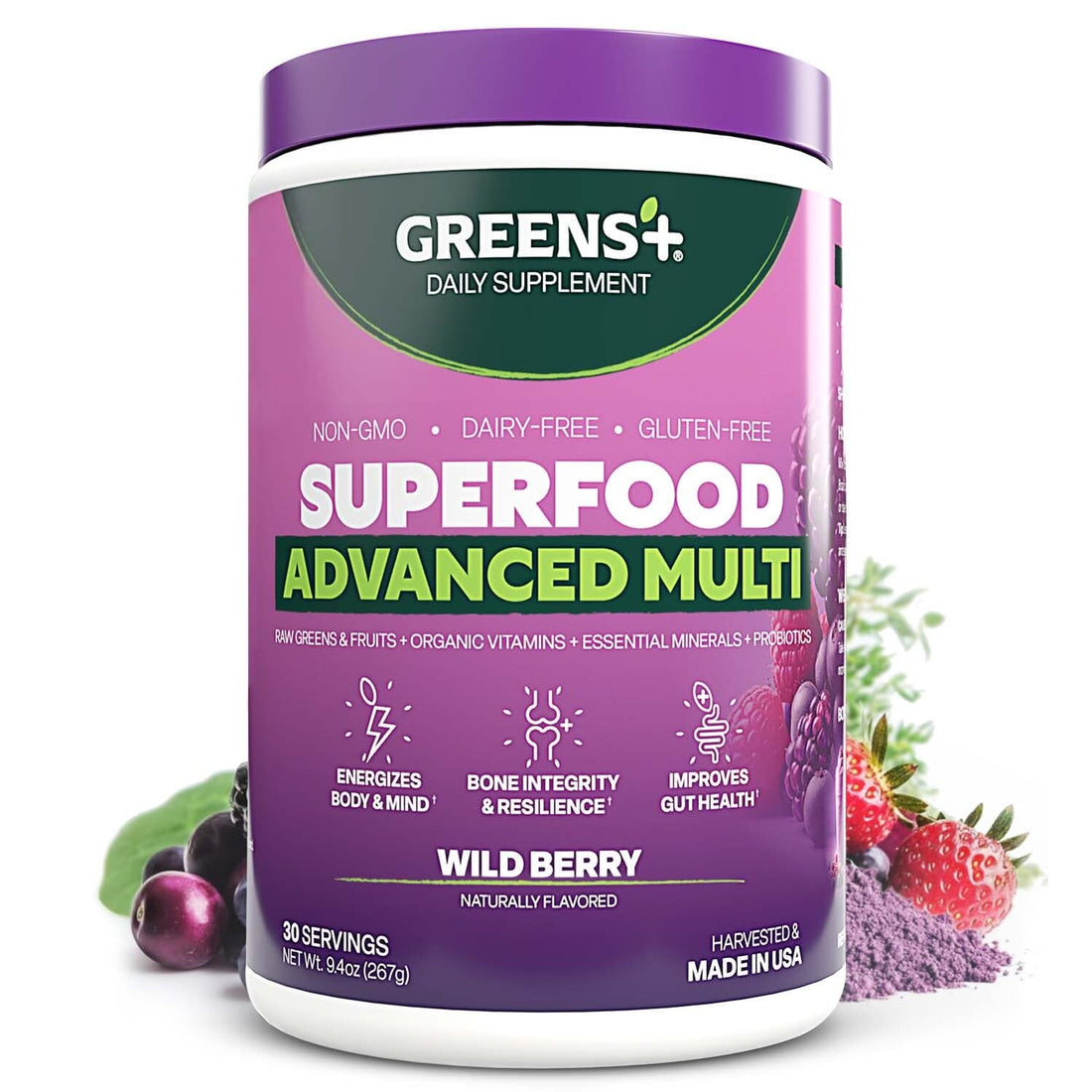 Greens+ Advanced Multi Wild Berry Superfood Powder, Organic Blend, Vegan, Non-GMO, Soy-Free, Dairy-Free, Gluten-Free, Dietary Supplement with Vitamins & Minerals, 9.4 oz Greens+ Au supplements