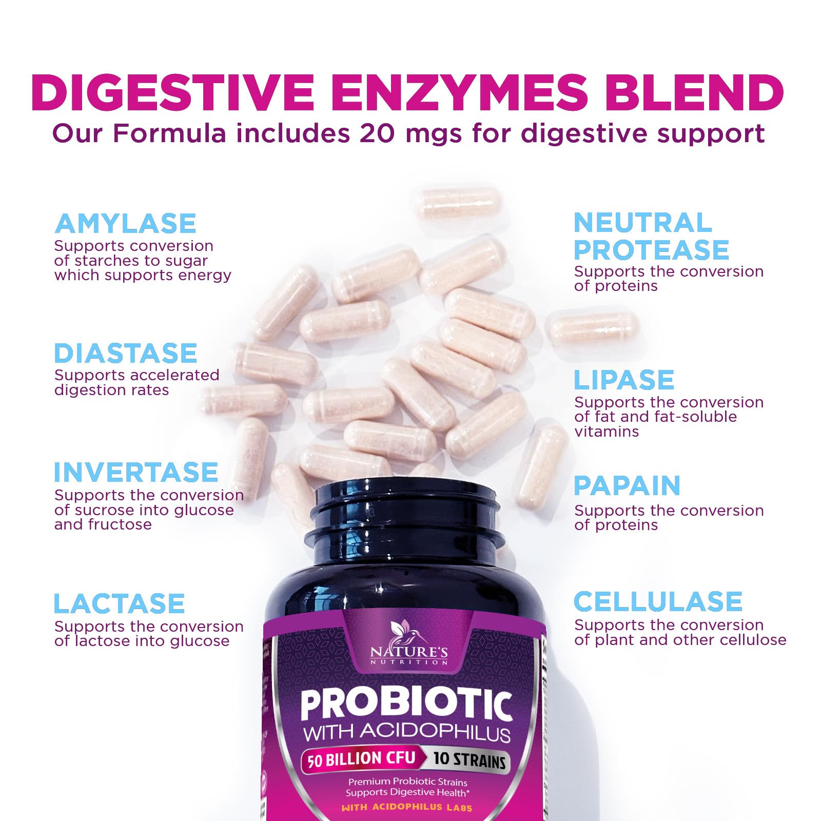 Probiotics 50 Billion CFU per Serving - 10 Strains + Prebiotics - Digestive Health, Gut & Immune Support - Supports Occasional Constipation, Gas & Bloating for Women & Men Shelf Stable - 60 Capsules Nature's Nutrition Au supplements
