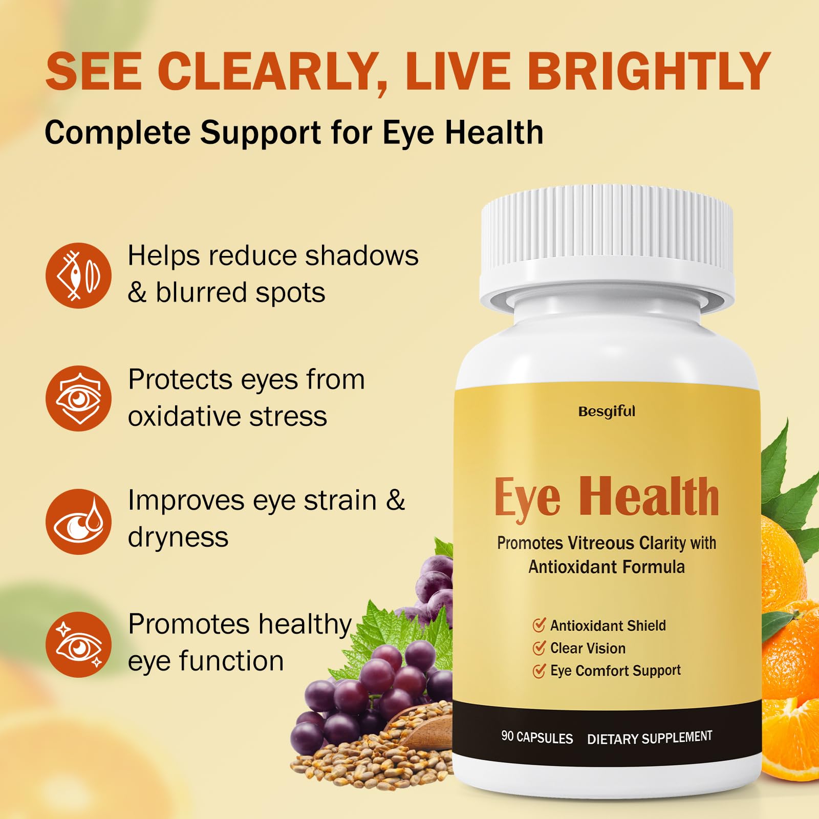 Besgiful Eye Supplement for Vitreous Health, Promotes Clear Vision, Improves Eye Strain & Dryness, Reduces Squiggly Lines, Eye Degeneration, Clear Eye Support, 90 Vegan Capsules Besgiful Au supplements