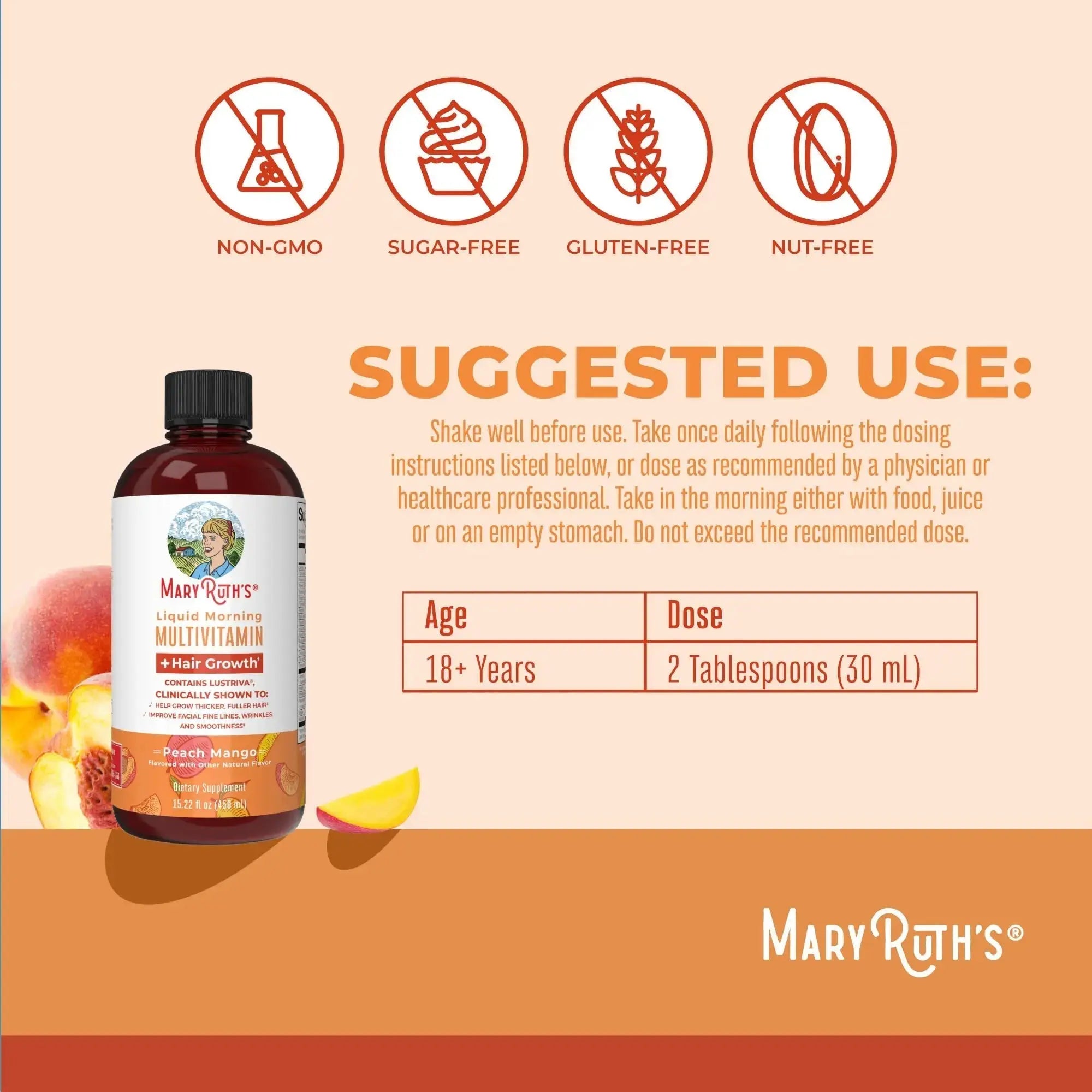 MaryRuth's MaryRuth's Liquid Morning Multivitamin +Hair Growth (Peach Mango, 15.22oz) & Iron Liquid (Berry) | Clean Label Project Verified® | MARYRUTH'S Au supplements