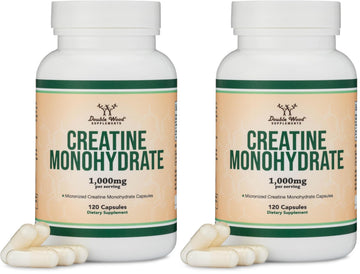 Creatine Monohydrate Capsules - 1g per Serving, 120 Count - No Fillers, Vegan Safe, Non-GMO, Gluten Free by Double Wood (Pack of 2)
