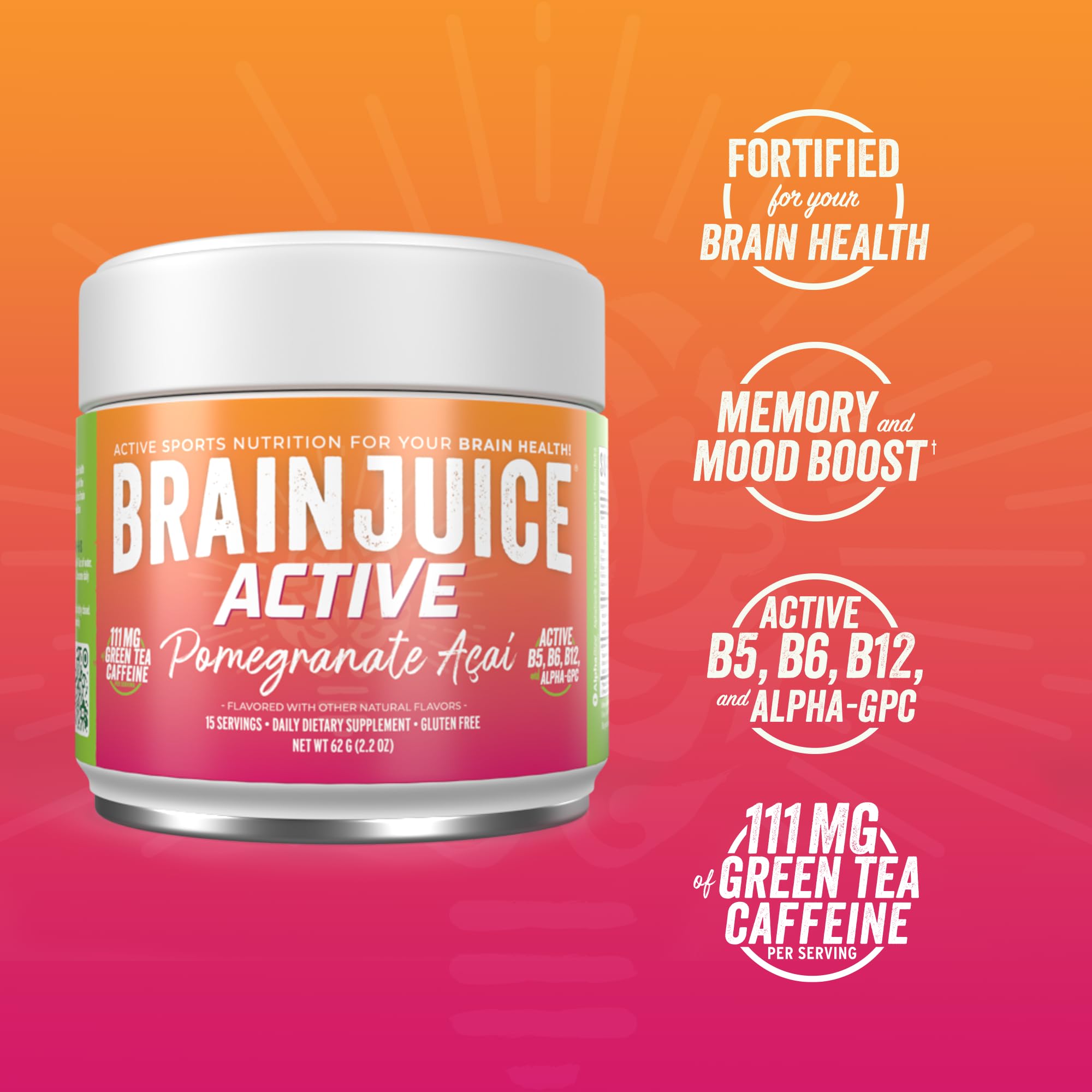 BrainJuice Nootropics Brain Support Supplement, Gluten Free Powder for Energy and Focus, Pre Workout w/Alpha GPC, Vitamin B & Organic Green Tea Extract Caffeine, Active Pomegranate Acai, 15 Servings BrainJuice Au supplements